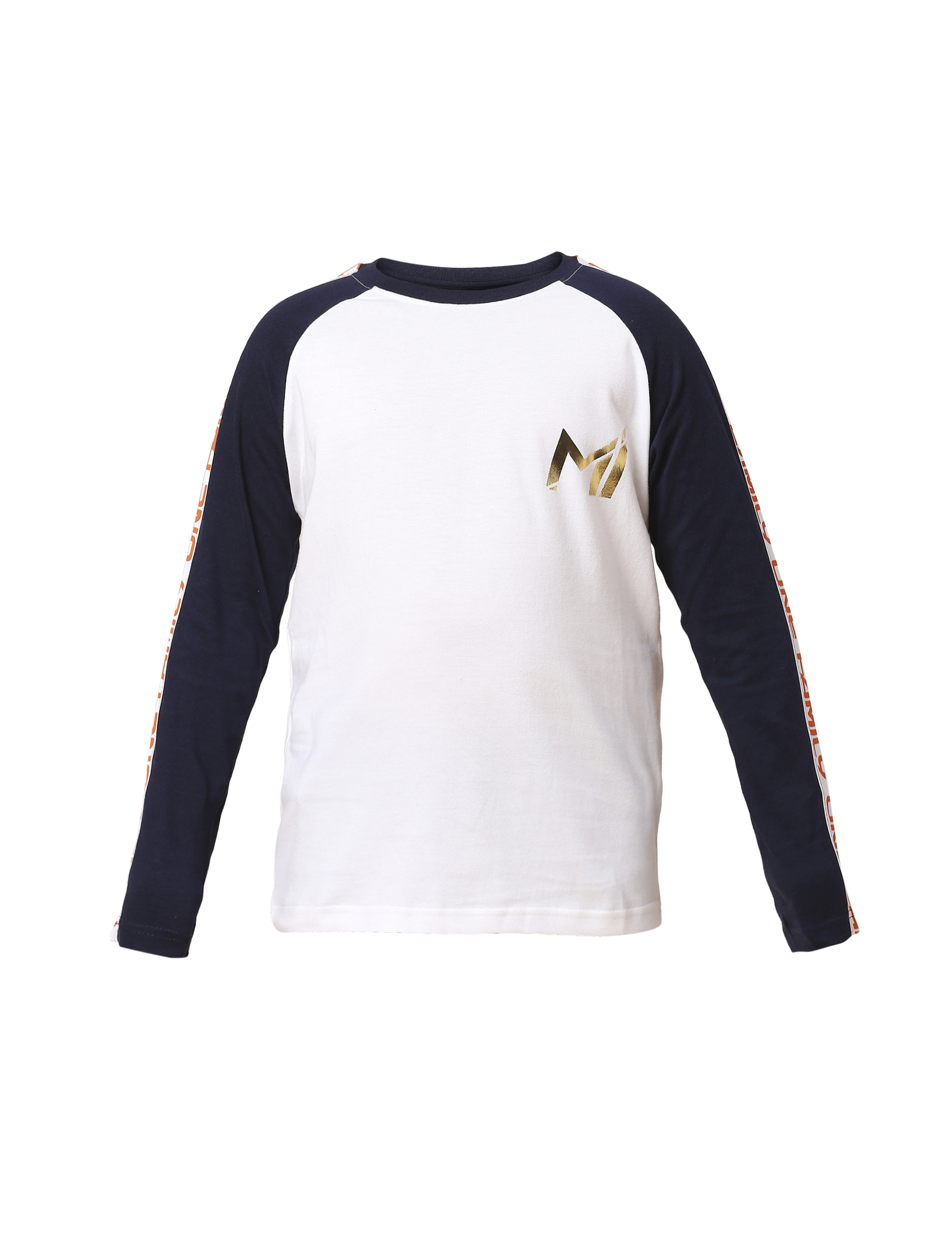 Mumbai Indians Boys White and Navy Blue Colourblocked Full Sleeves Round Neck Polyester T-Shirt (7)