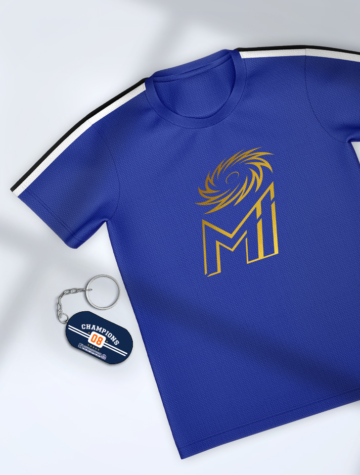 Combo Pack - Men Blue Polyester T-Shirt and Keychain