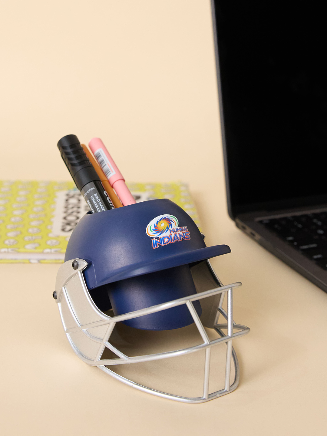 Helmet Shaped Navy Blue Logo Printed Pen and Pencil Stand, Pen Holder For Office and Home