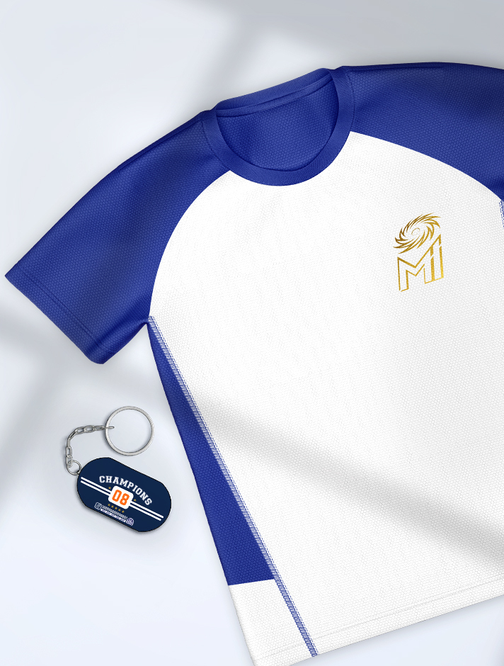 Mumbai Indians Indian Combo Pack - Men White and Blue Polyester T-Shirt and Keychain (1)