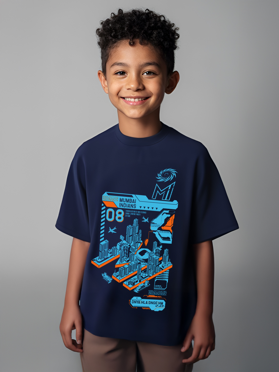 Mumbai Indians Kids Boys Navy Blue Graphic Printed Half Sleeves Round Neck Cotton Oversized T-Shirt