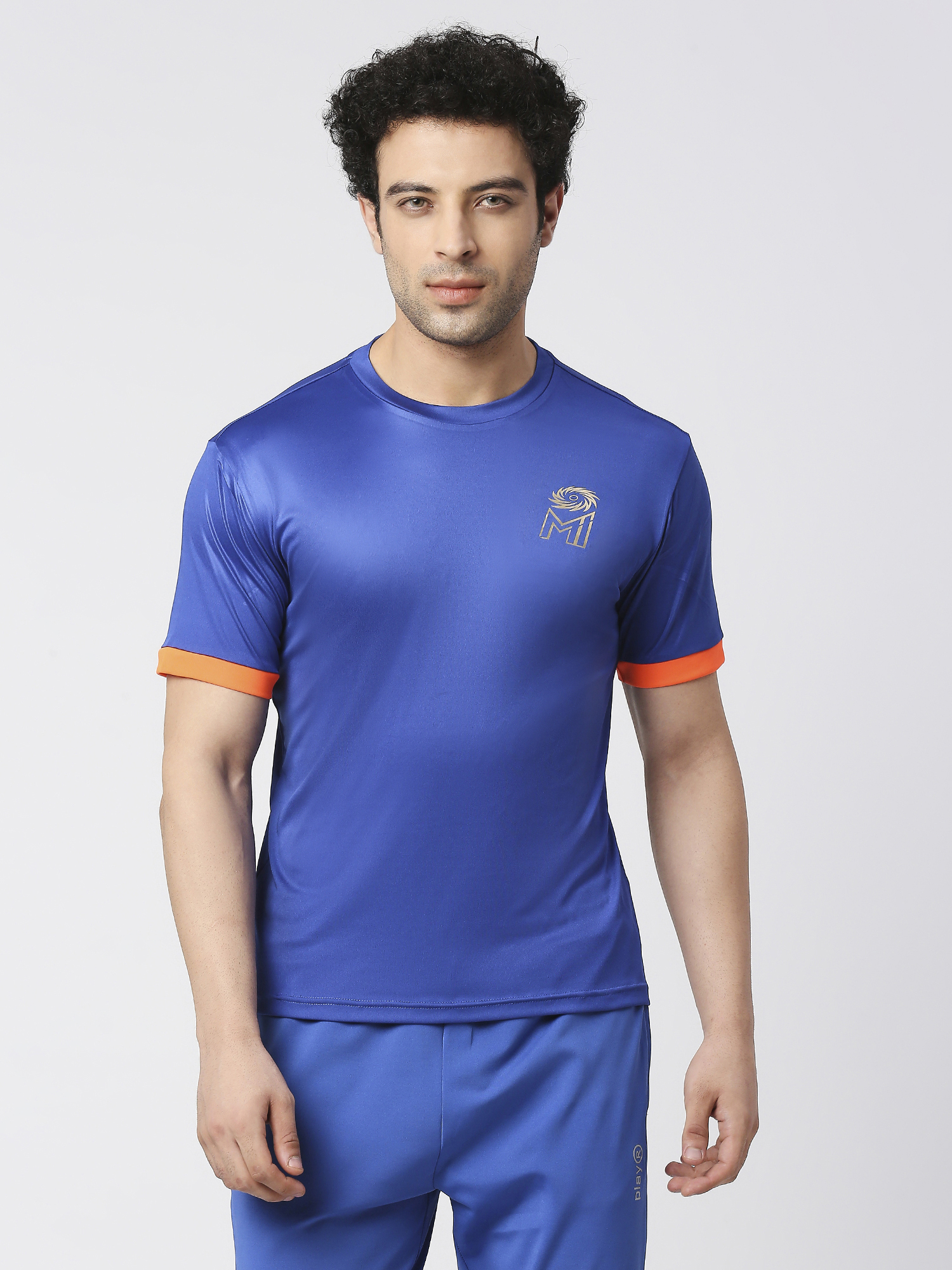 Men Blue and Orange Printed Half Sleeves Round Neck Polyester Fan T-Shirt