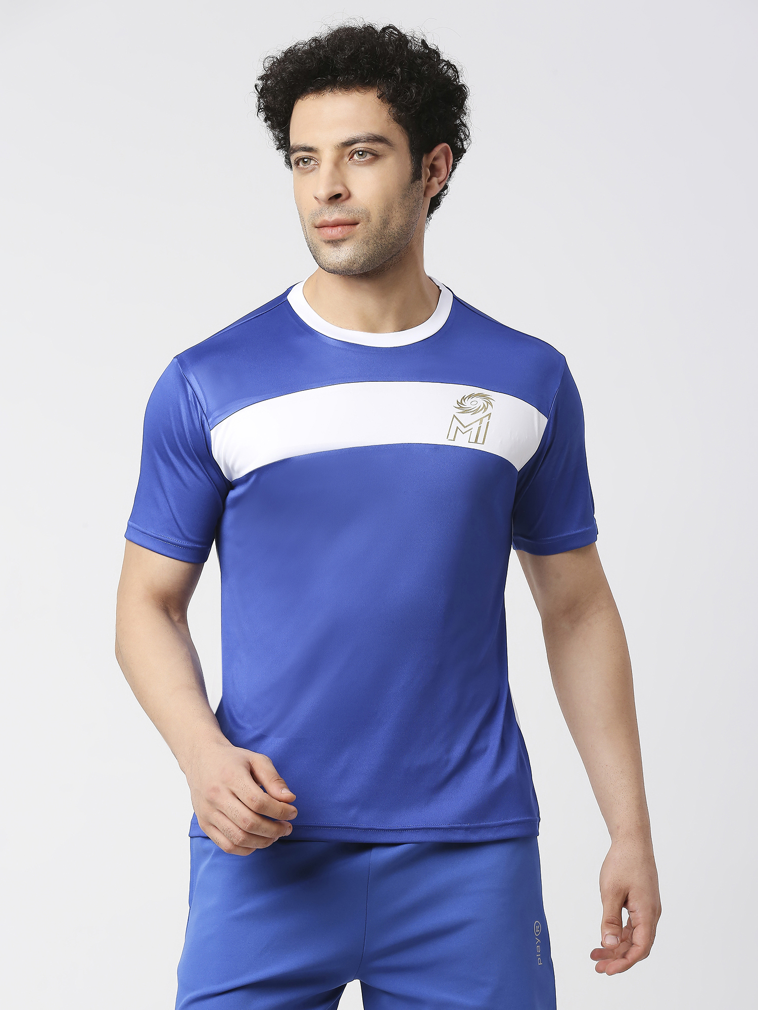 Men Blue and White Colourblocked Half Sleeves Round Neck Polyester Fan T-Shirt