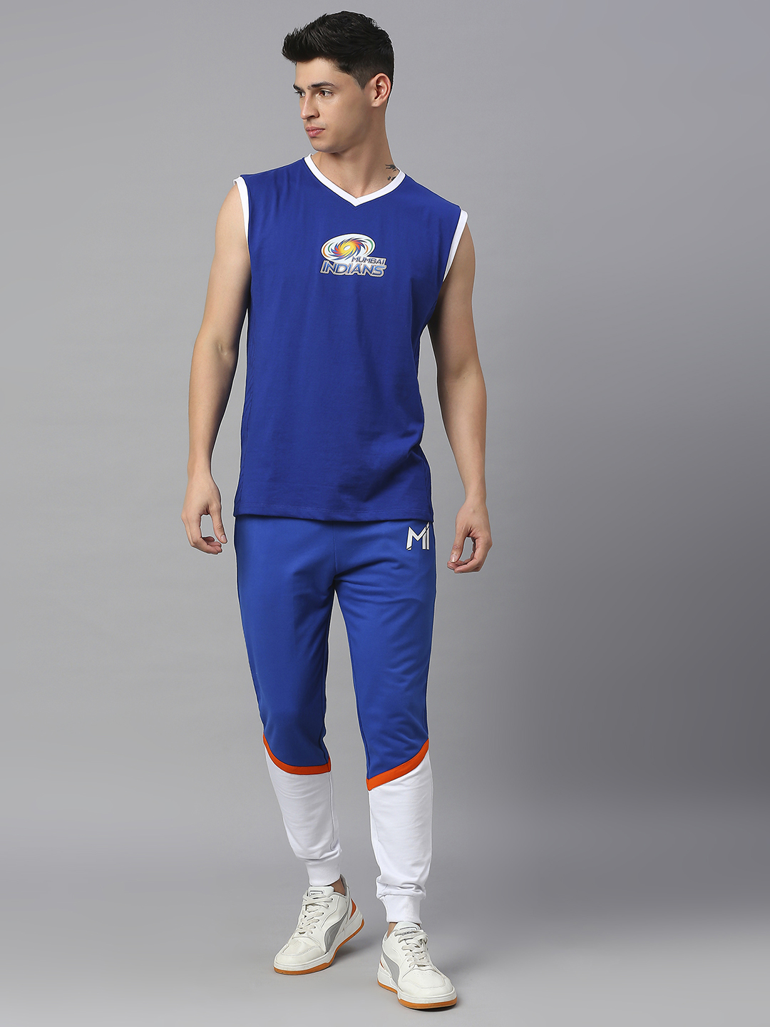 Mumbai Indians Men Blue and White Colourblocked Mid-Rise Regular Fit Cotton Training Joggers (6)