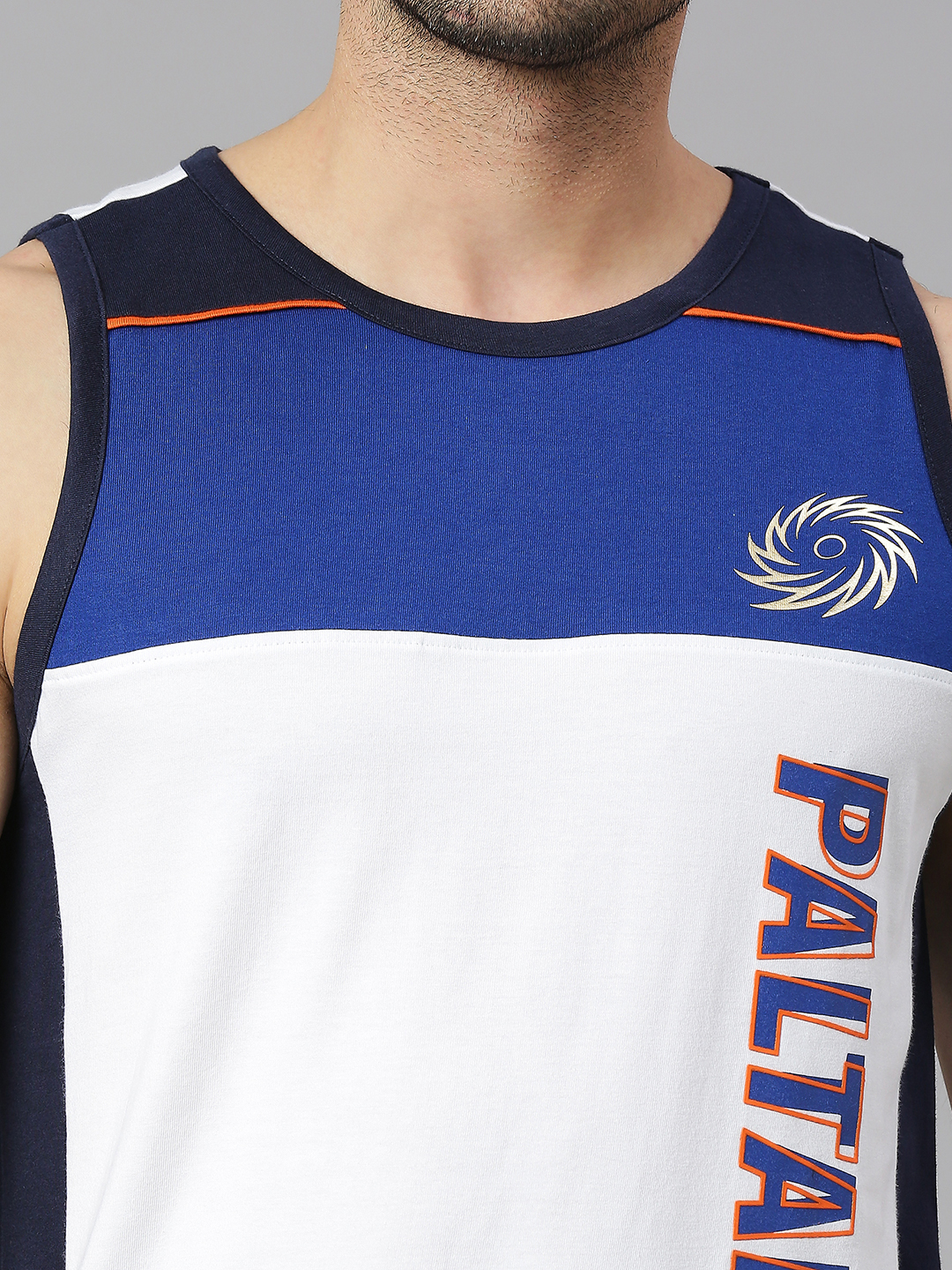 Mumbai Indians Men Blue and White Colourblocked Sleeveless Round Neck Sports Vest (5)