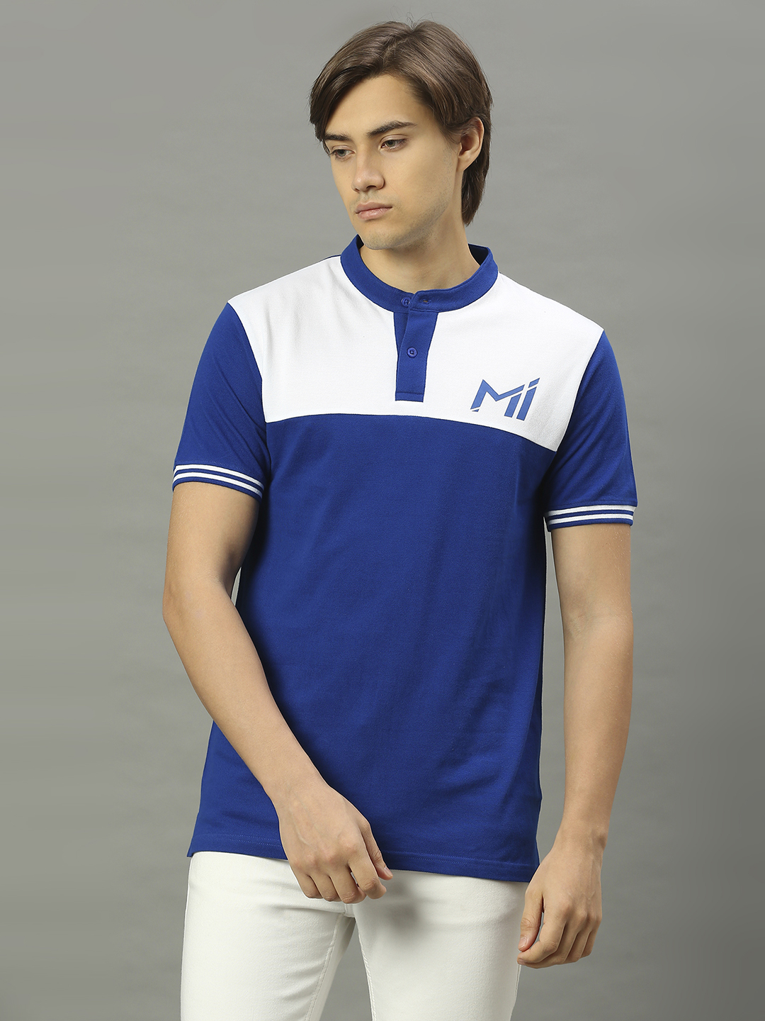 Mumbai Indians Men Blue and White Half Sleeves Mandarin Collar Cotton T-Shirt (1)