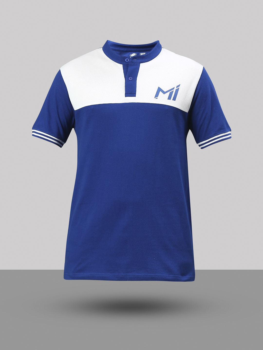 Mumbai Indians Men Blue and White Half Sleeves Mandarin Collar Cotton T-Shirt (6)