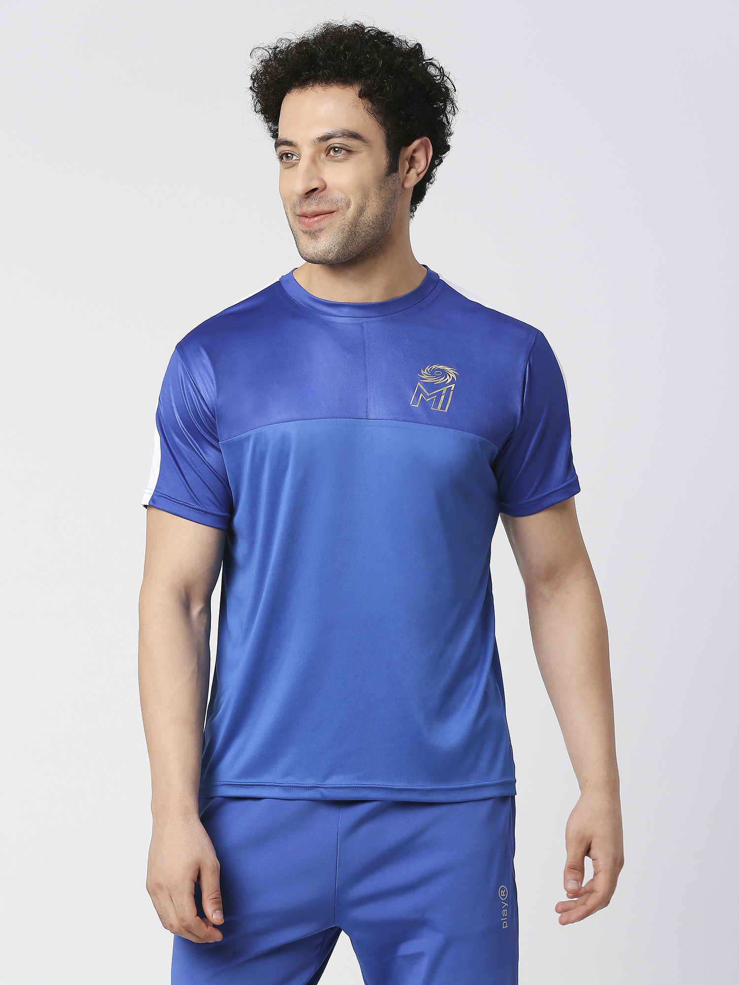 Men Blue and White Printed Half Sleeves Round Neck Polyester Fan T-Shirt