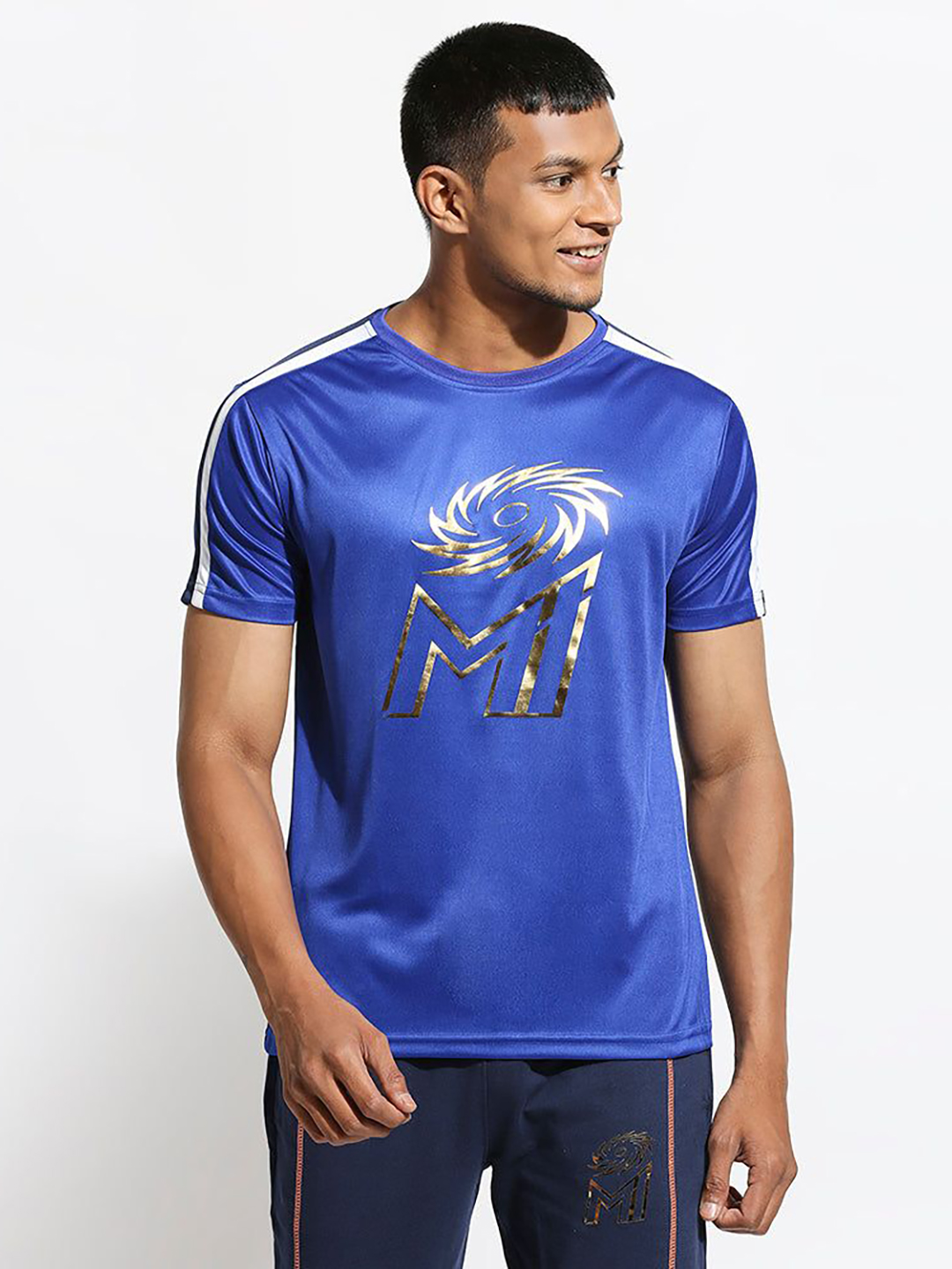 Men Blue Graphic Printed Half Sleeves Round Neck Polyester T-Shirt