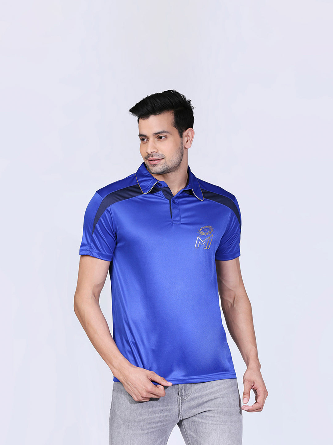 Mumbai Indians Men Blue Solid Half Sleeves Polo Collar Polyester T-Shirt (1)