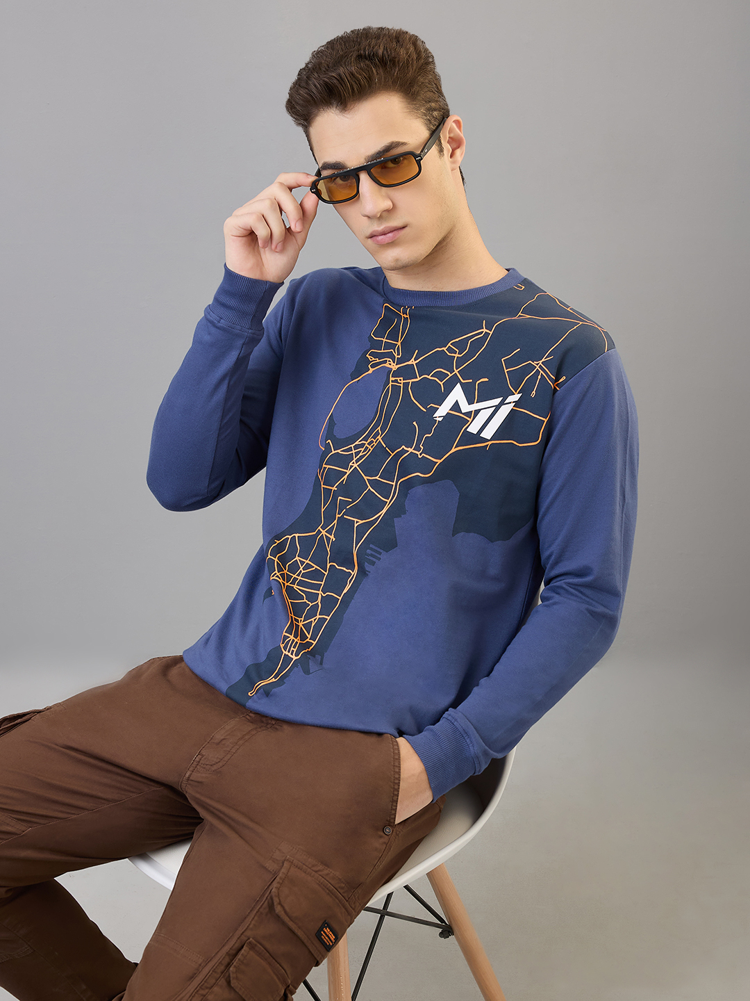 Men Mumbai Map Printed Round Neck Navy Blue Cotton Sweatshirt