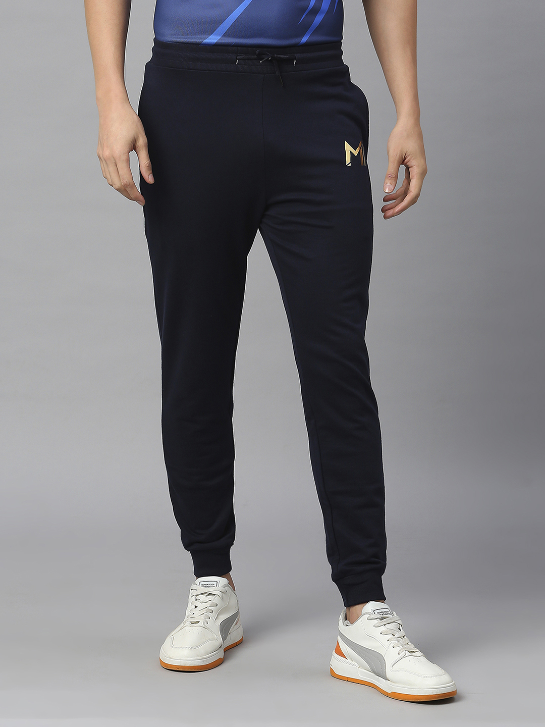 Mumbai Indians Men Navy and Gold Logo Printed Mid-Rise Slim Fit Cotton Training Joggers (1)