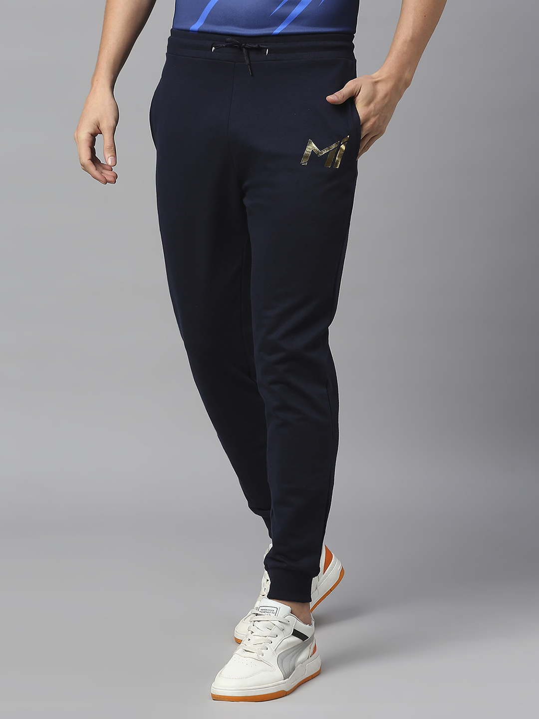 Mumbai Indians Men Navy and Gold Logo Printed Mid-Rise Slim Fit Cotton Training Joggers (2)