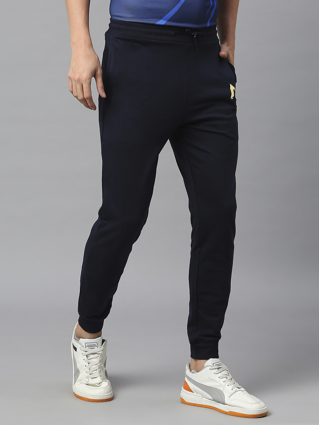 Mumbai Indians Men Navy and Gold Logo Printed Mid-Rise Slim Fit Cotton Training Joggers (3)