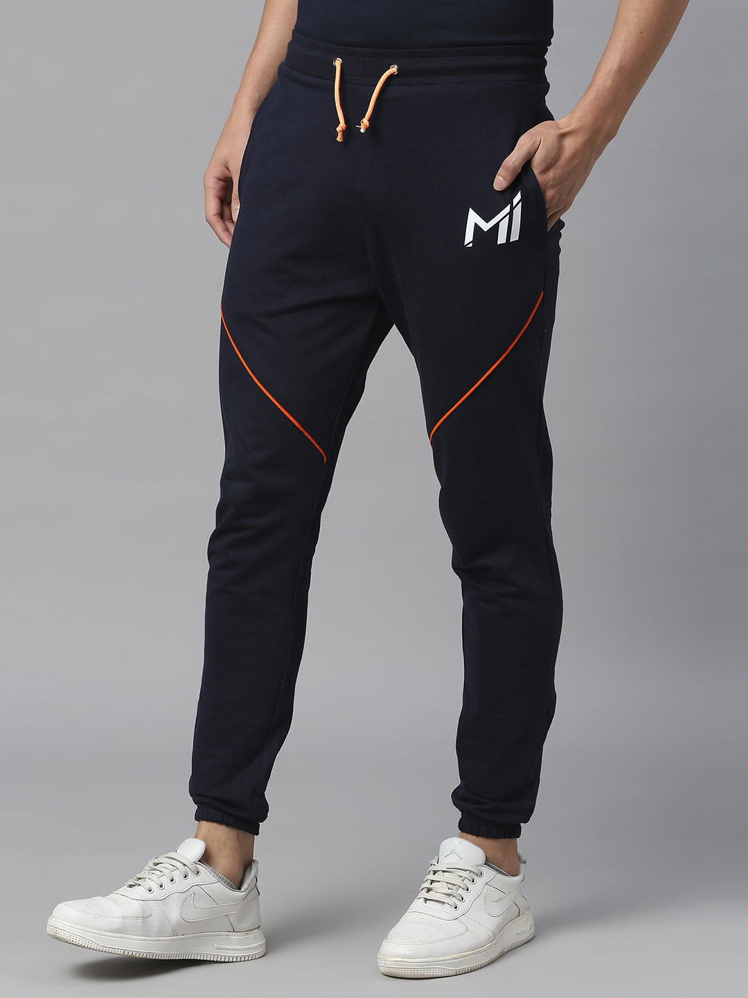 Mumbai Indians Men Navy and Orange Logo Printed Mid-Rise Regular Fit Cotton Training Joggers (2)