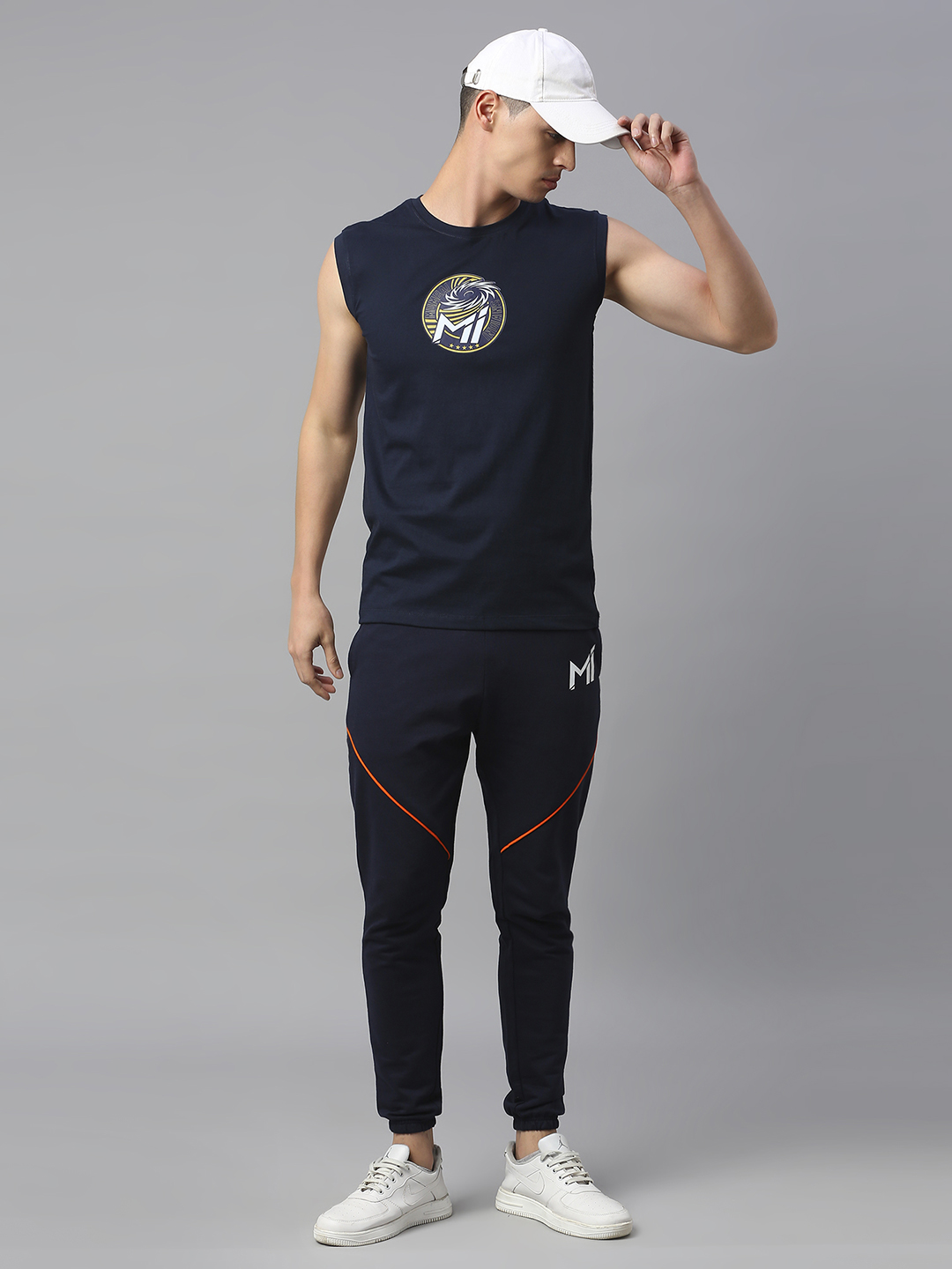 Mumbai Indians Men Navy and Orange Logo Printed Mid-Rise Regular Fit Cotton Training Joggers (5)