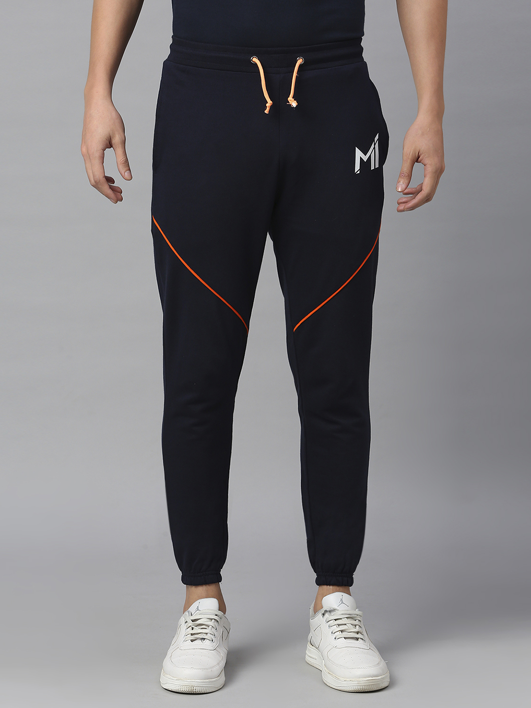 Men Navy and Orange Logo Printed Mid-Rise Regular Fit Cotton Training Joggers