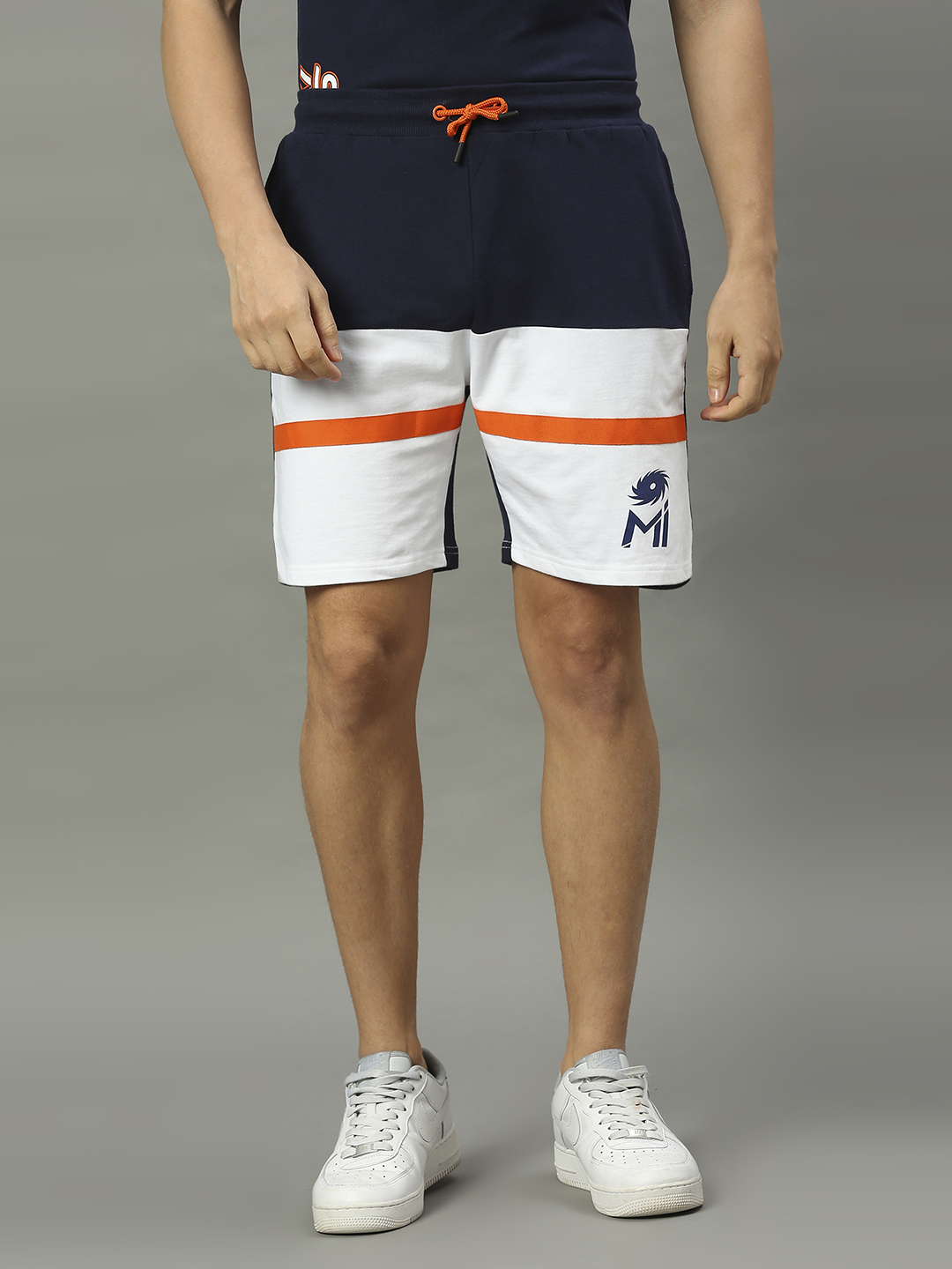 Mumbai Indians Men Navy and White Colourblocked Mid-Rise Cotton Sports Shorts (1)