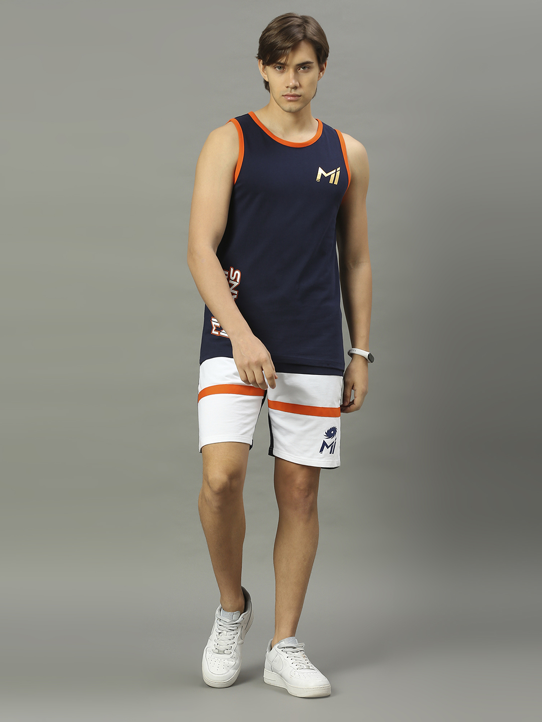 Mumbai Indians Men Navy and White Colourblocked Mid-Rise Cotton Sports Shorts (4)