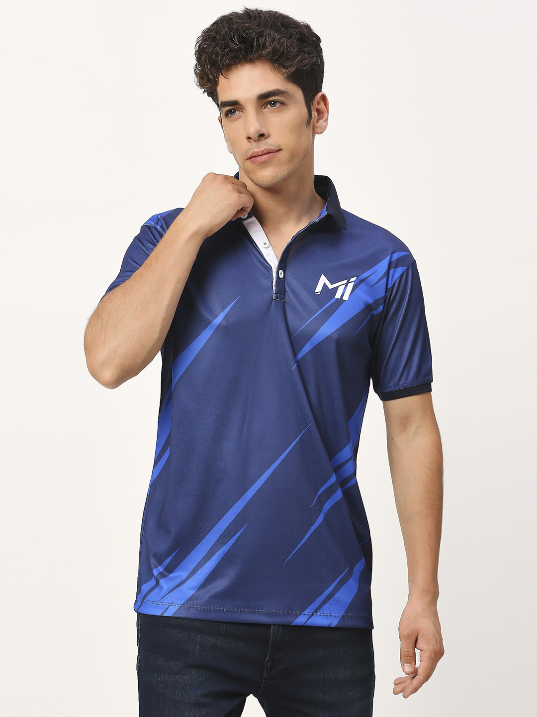Mumbai Indians Men Navy Blue Abstract Printed Half Sleeves Polo Collar Polyester T-Shirt (1)