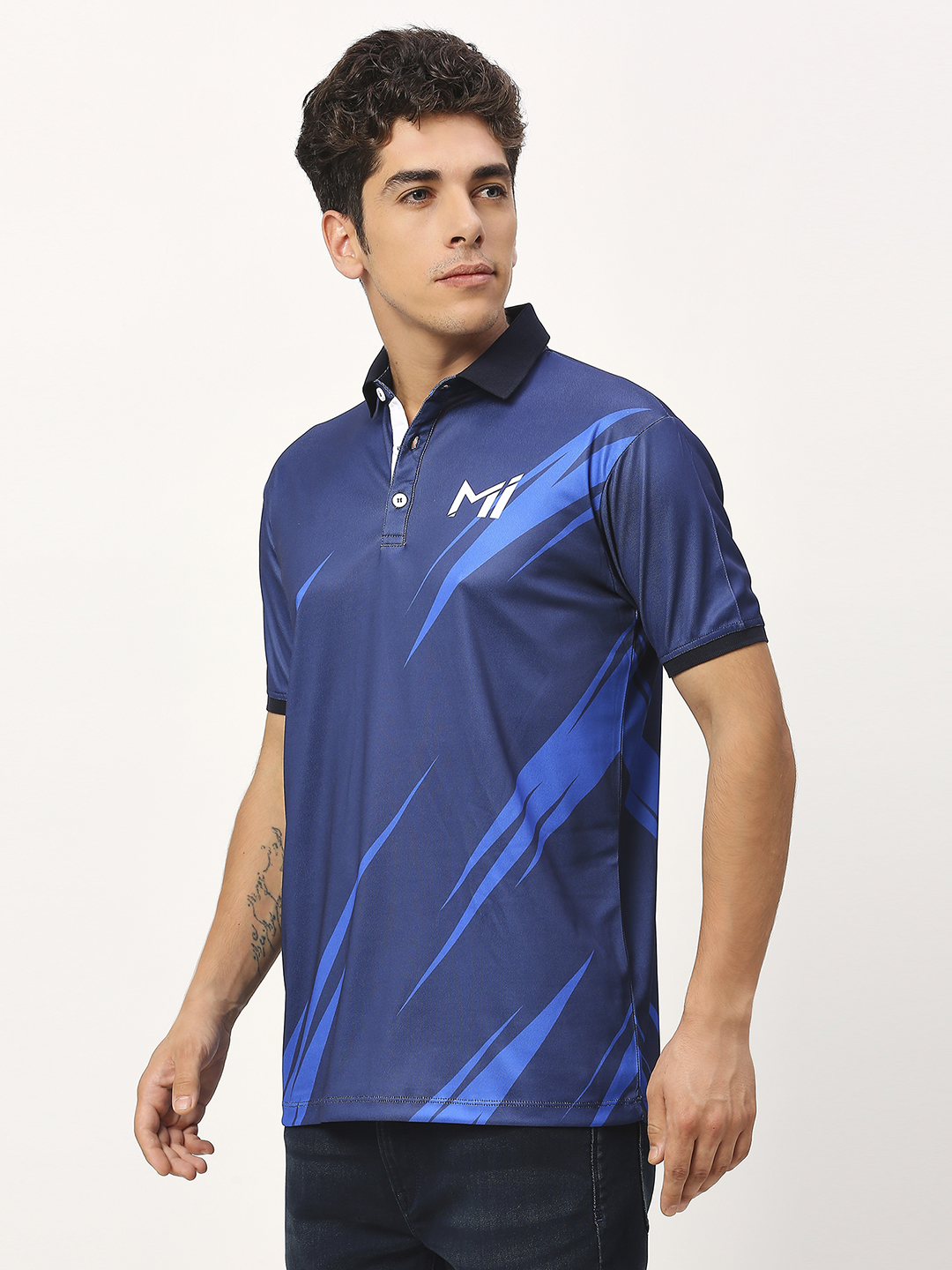Mumbai Indians Men Navy Blue Abstract Printed Half Sleeves Polo Collar Polyester T-Shirt (2)