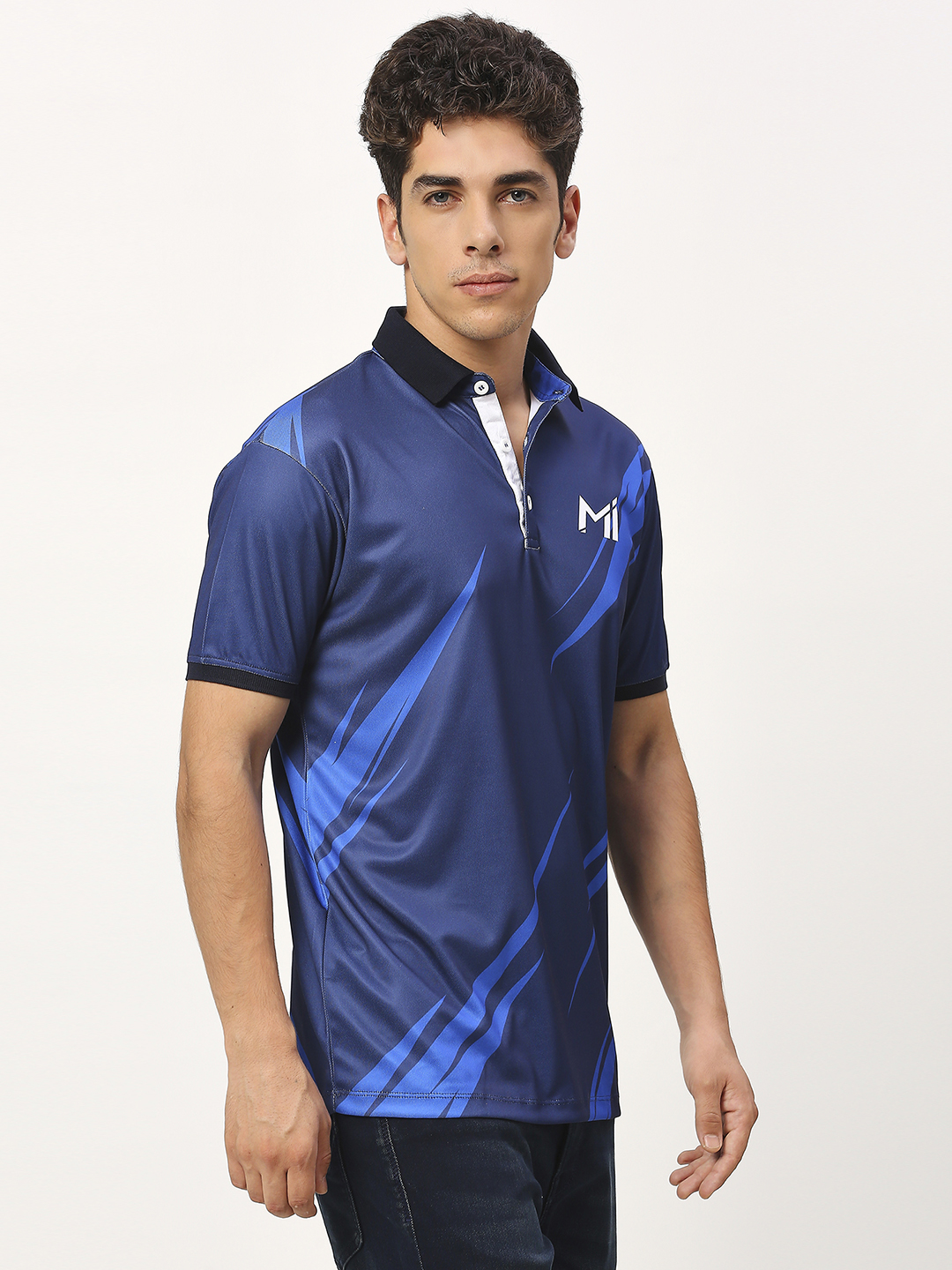 Mumbai Indians Men Navy Blue Abstract Printed Half Sleeves Polo Collar Polyester T-Shirt (3)
