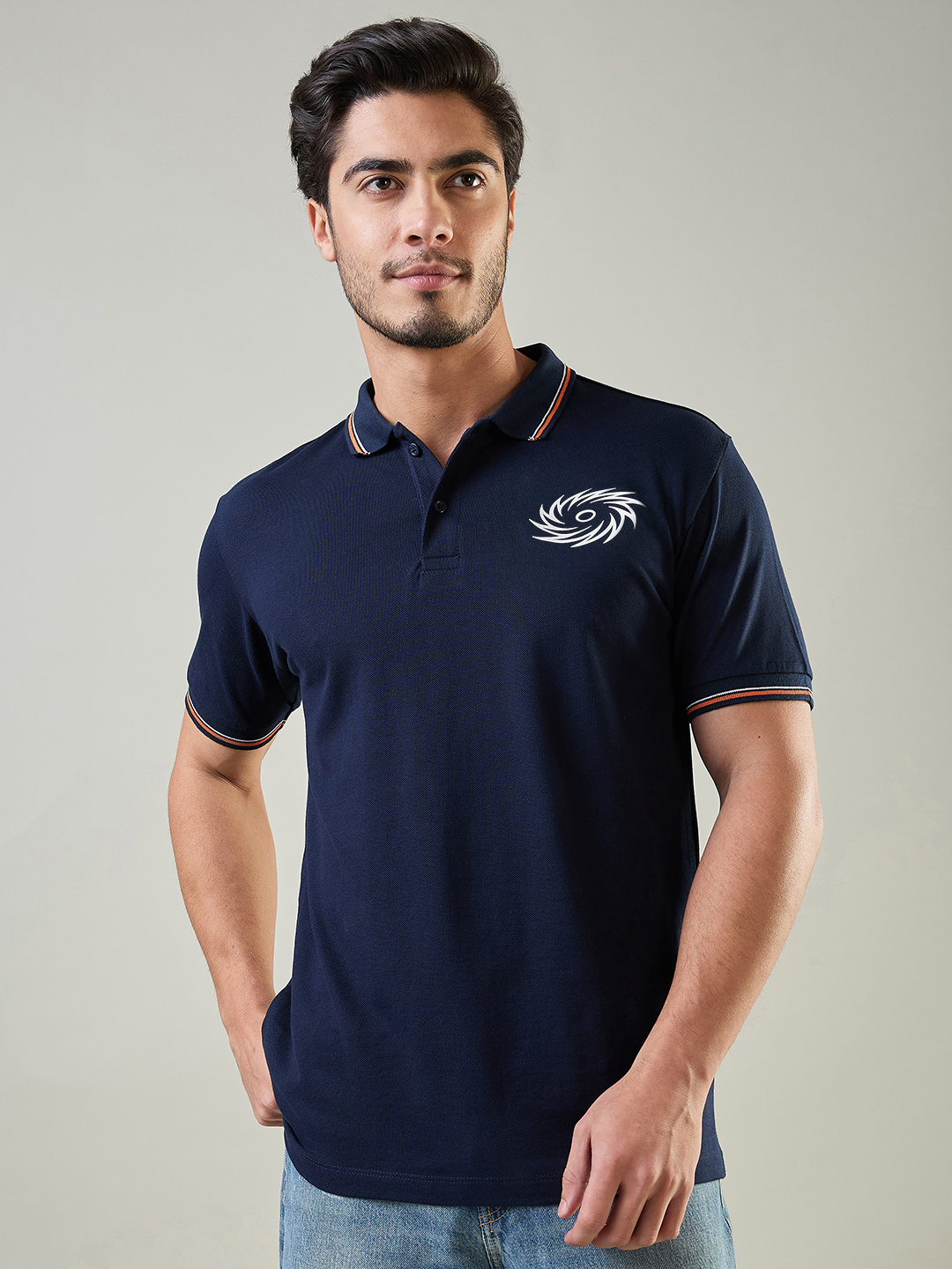 Mumbai Indians Men Navy Blue and Orange Solid Half Sleeves Polo Collar Cotton T-Shirt (4)