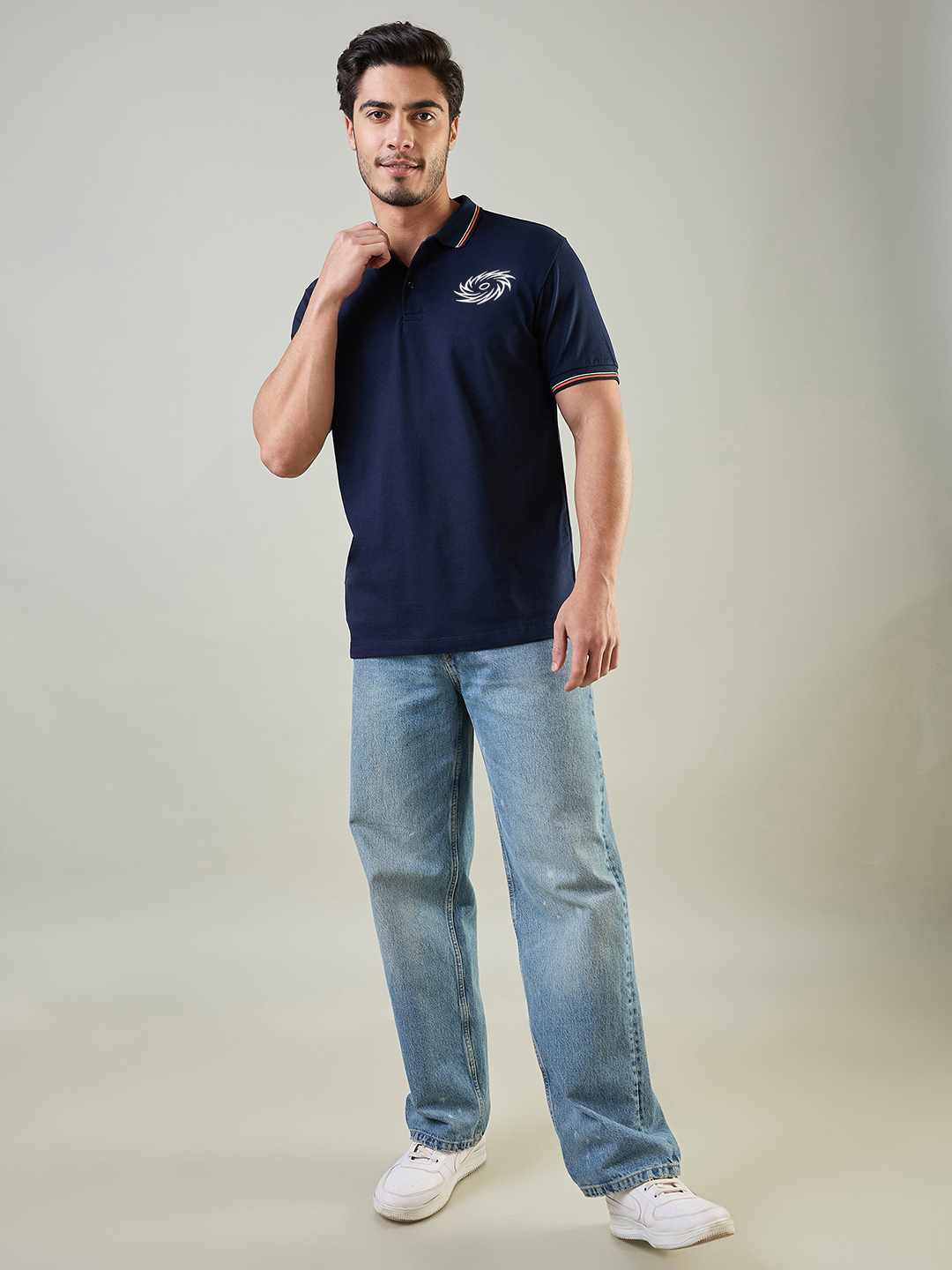 Mumbai Indians Men Navy Blue and Orange Solid Half Sleeves Polo Collar Cotton T-Shirt (6)