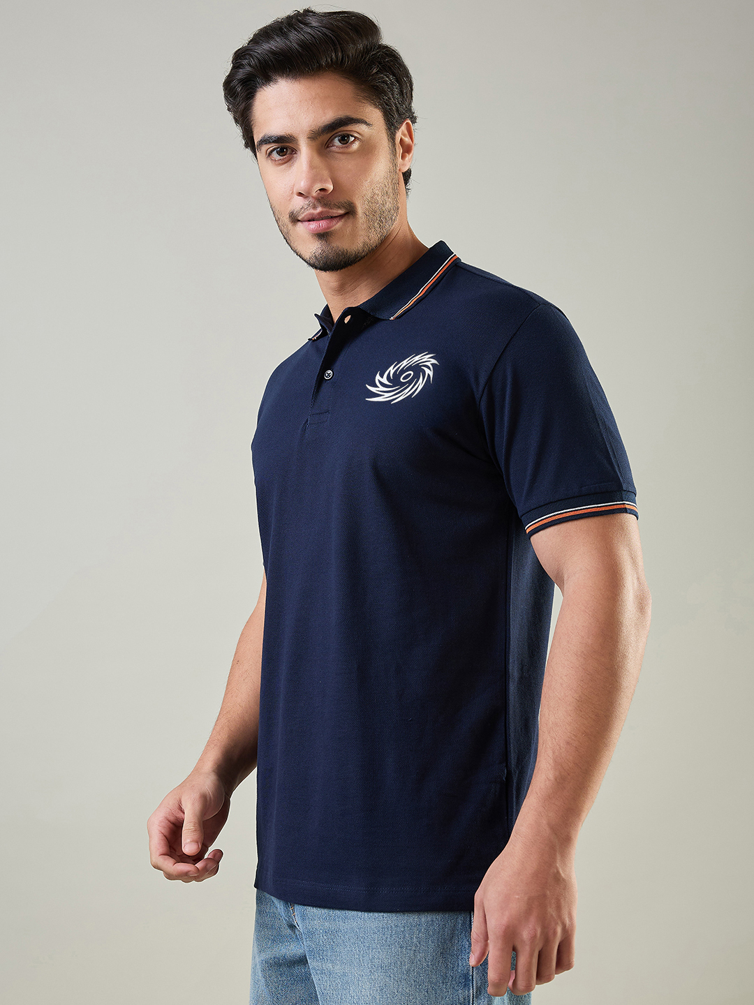 Mumbai Indians Men Navy Blue and Orange Solid Half Sleeves Polo Collar Cotton T-Shirt (5)