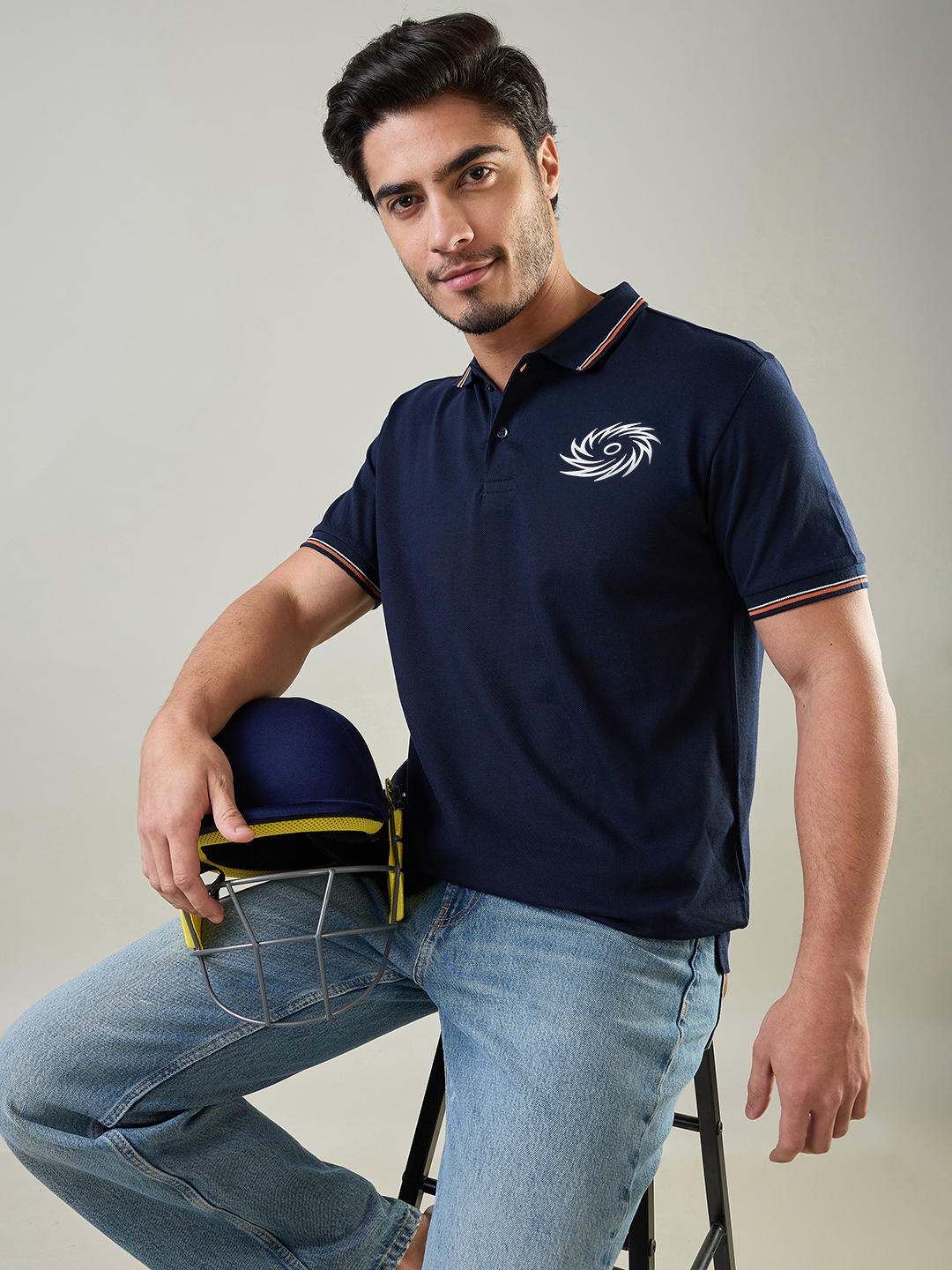 Men Navy Blue and Orange Solid Half Sleeves Polo Collar Cotton T-Shirt