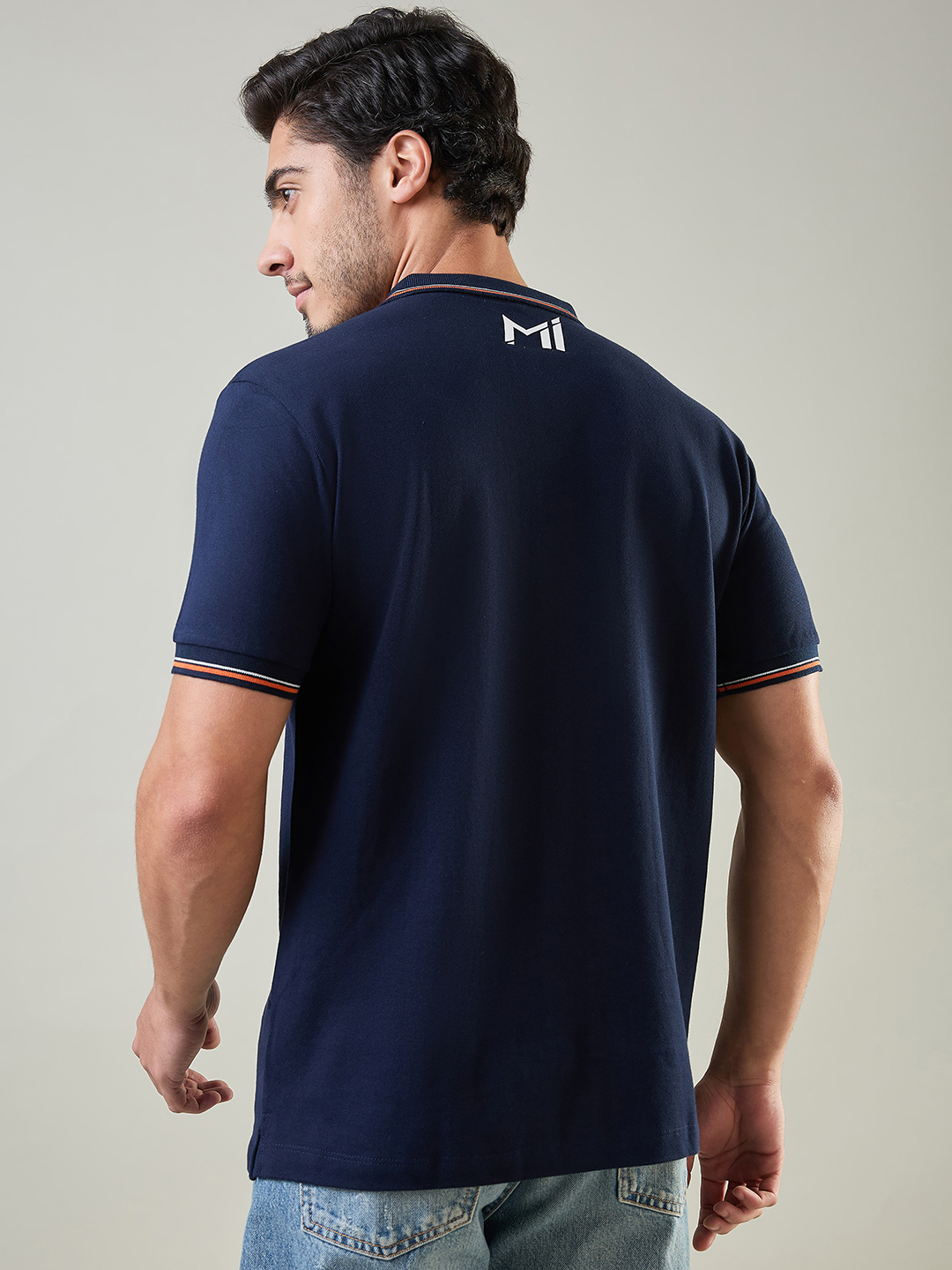 Mumbai Indians Men Navy Blue and Orange Solid Half Sleeves Polo Collar Cotton T-Shirt (3)