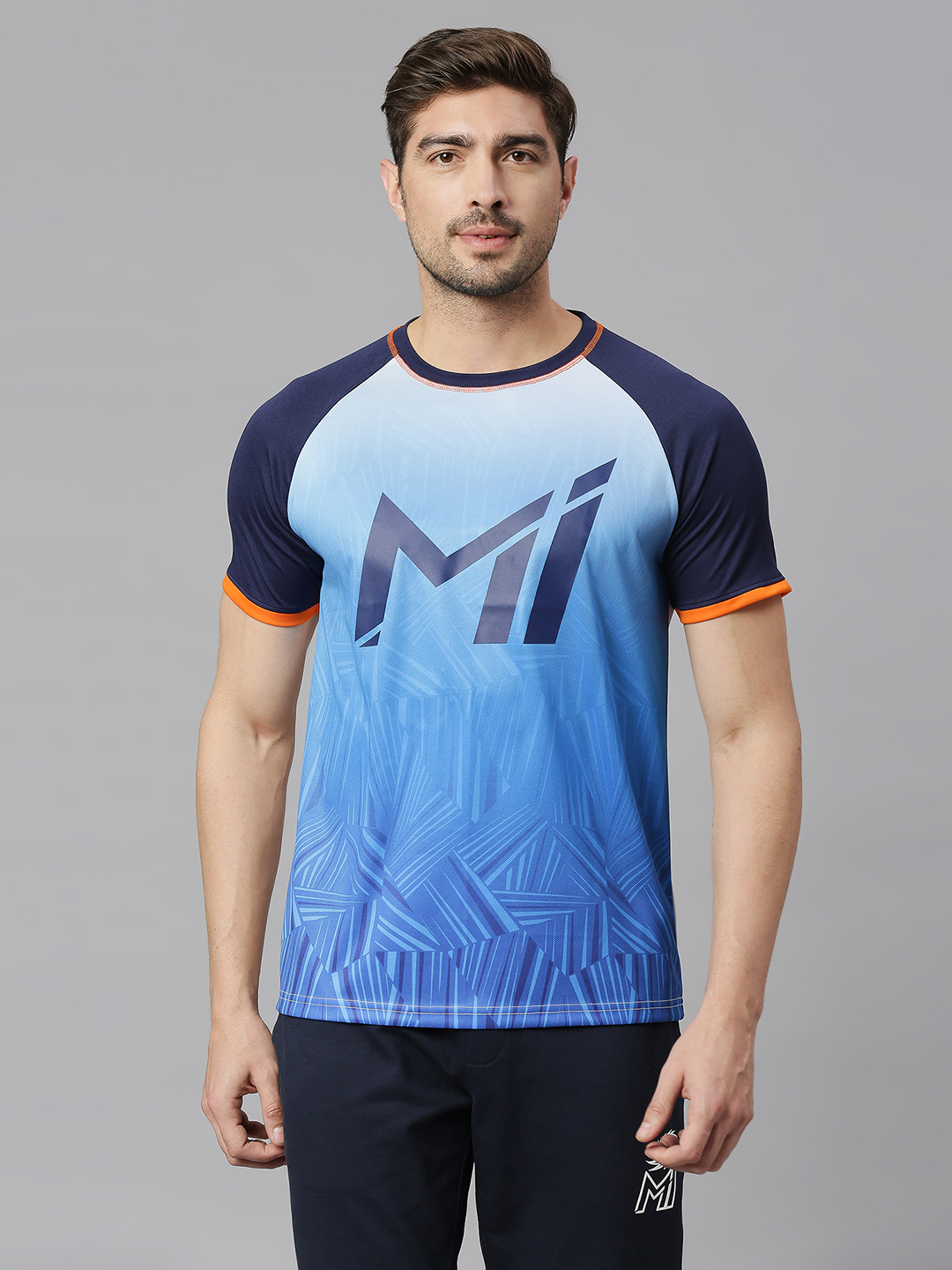 Mumbai Indians Men Navy Blue and White All Over Print Half Sleeves Round Neck Polyester T-Shirt (1)