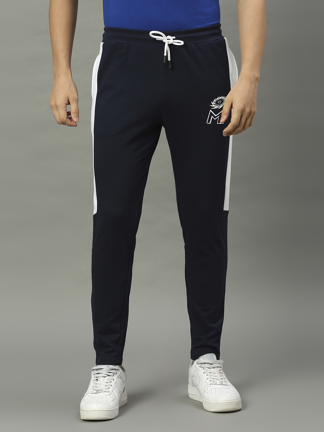 Mumbai Indians Men Navy Blue and White Colourblocked Cotton Training Regular Fit Joggers (1)