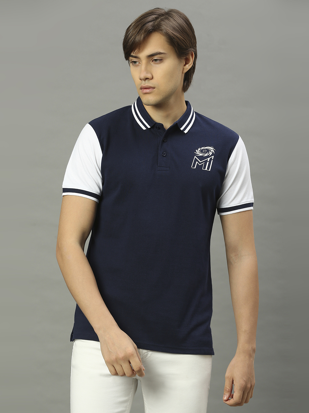 Mumbai Indians Men Navy Blue and White Colourblocked Half Sleeves Polo Collar Cotton T-Shirt (1)