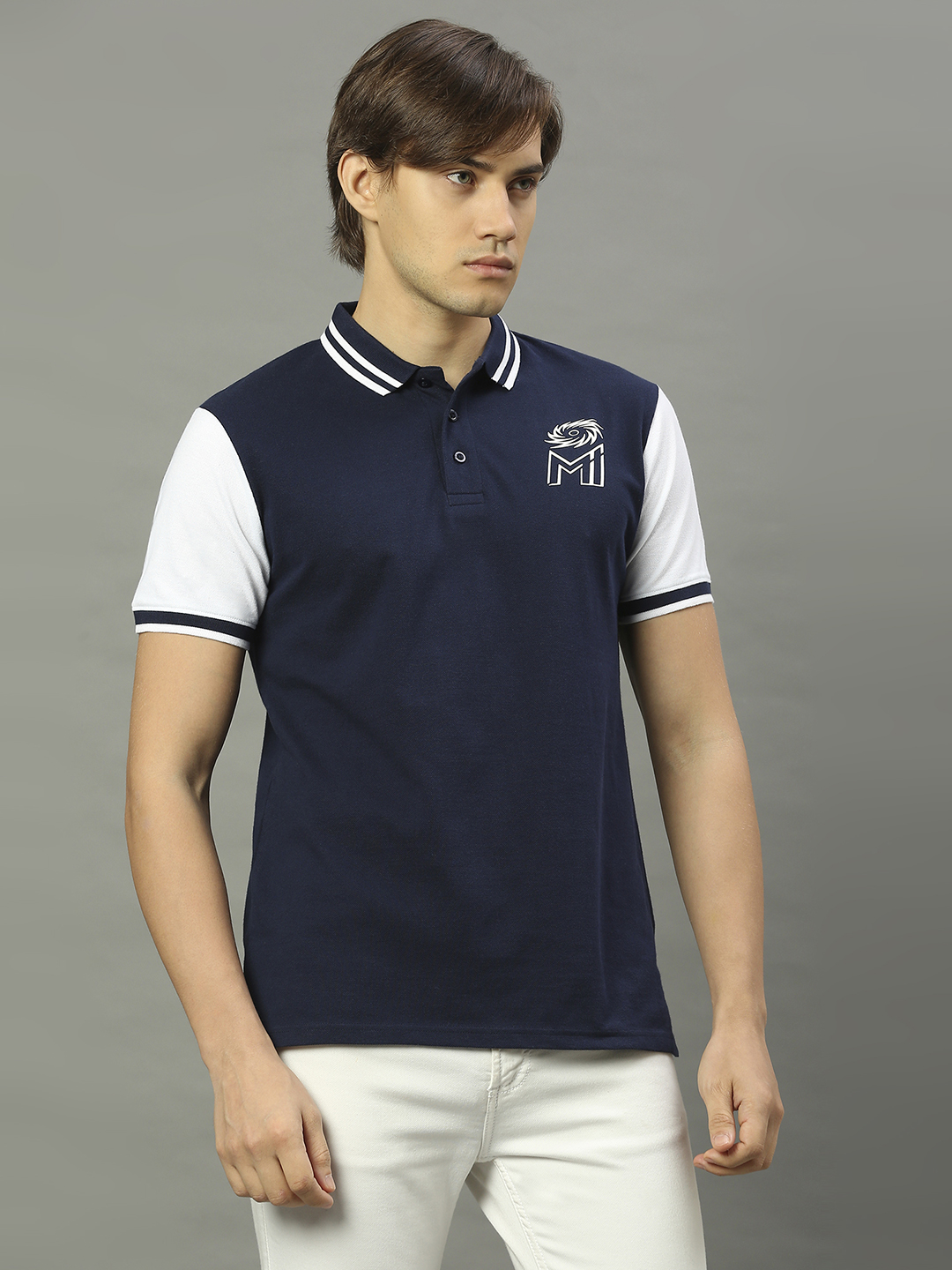 Mumbai Indians Men Navy Blue and White Colourblocked Half Sleeves Polo Collar Cotton T-Shirt (4)
