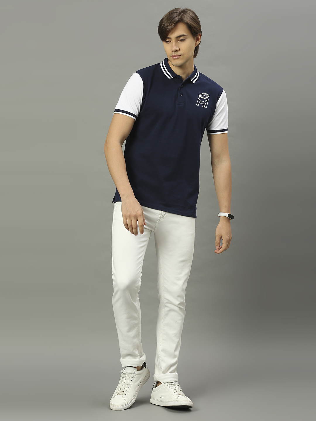 Mumbai Indians Men Navy Blue and White Colourblocked Half Sleeves Polo Collar Cotton T-Shirt (5)