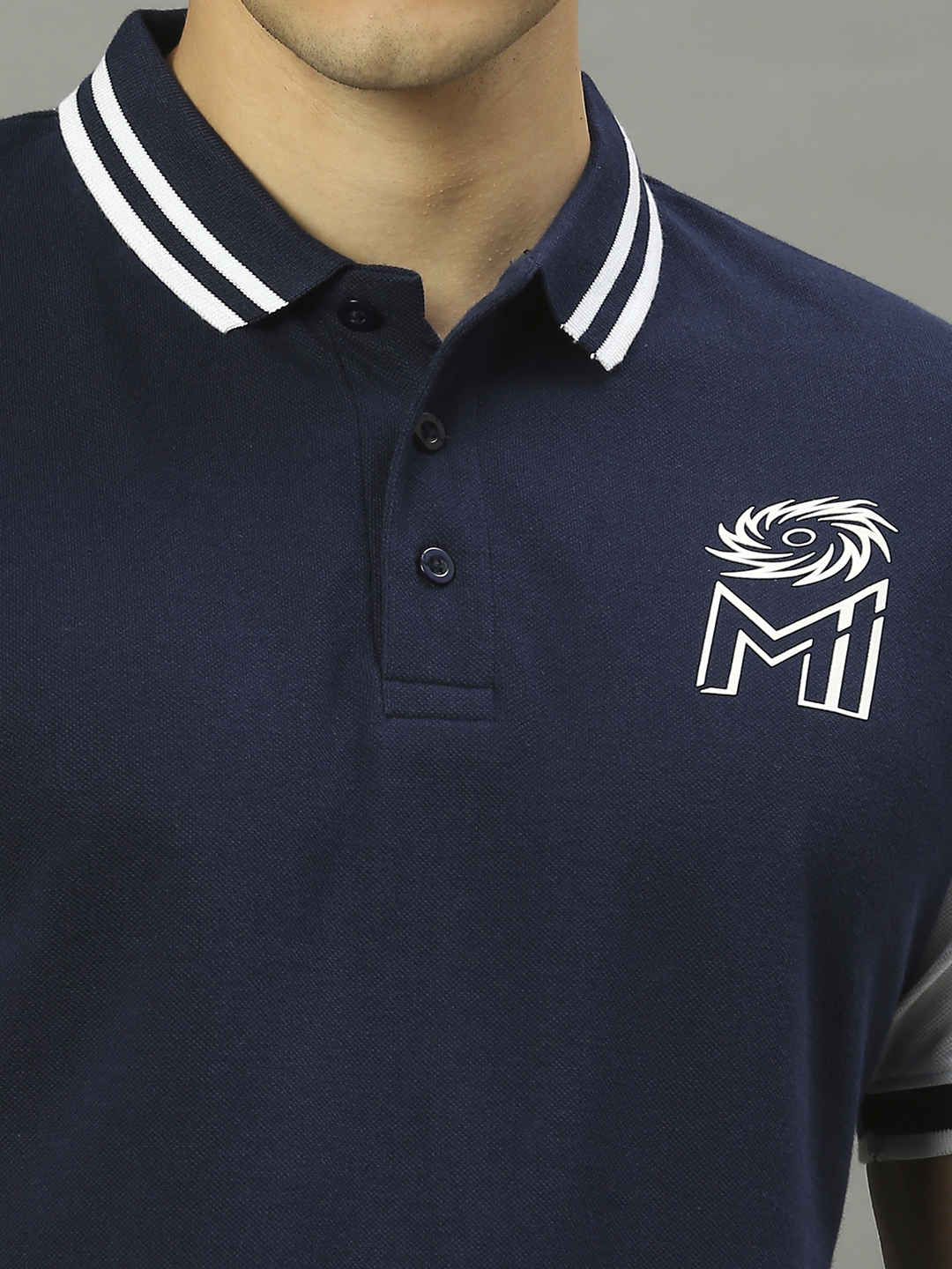 Mumbai Indians Men Navy Blue and White Colourblocked Half Sleeves Polo Collar Cotton T-Shirt (6)