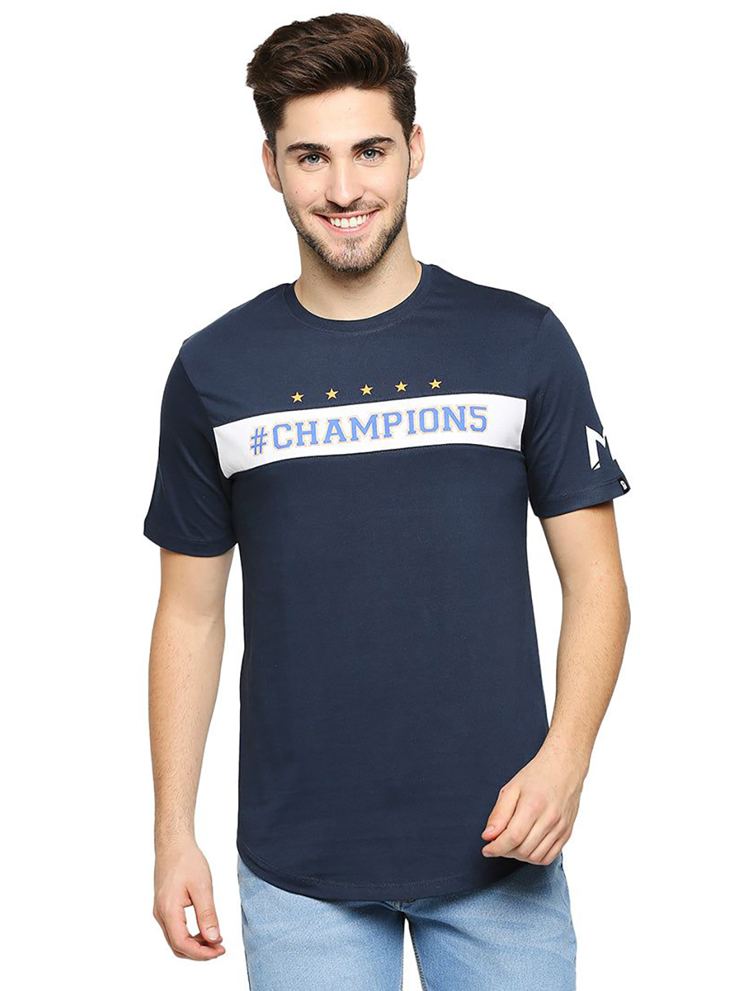 Mumbai Indians Men Navy Blue and White Graphic Printed Hald Sleeves Round Neck Cotton T-Shirt (1)
