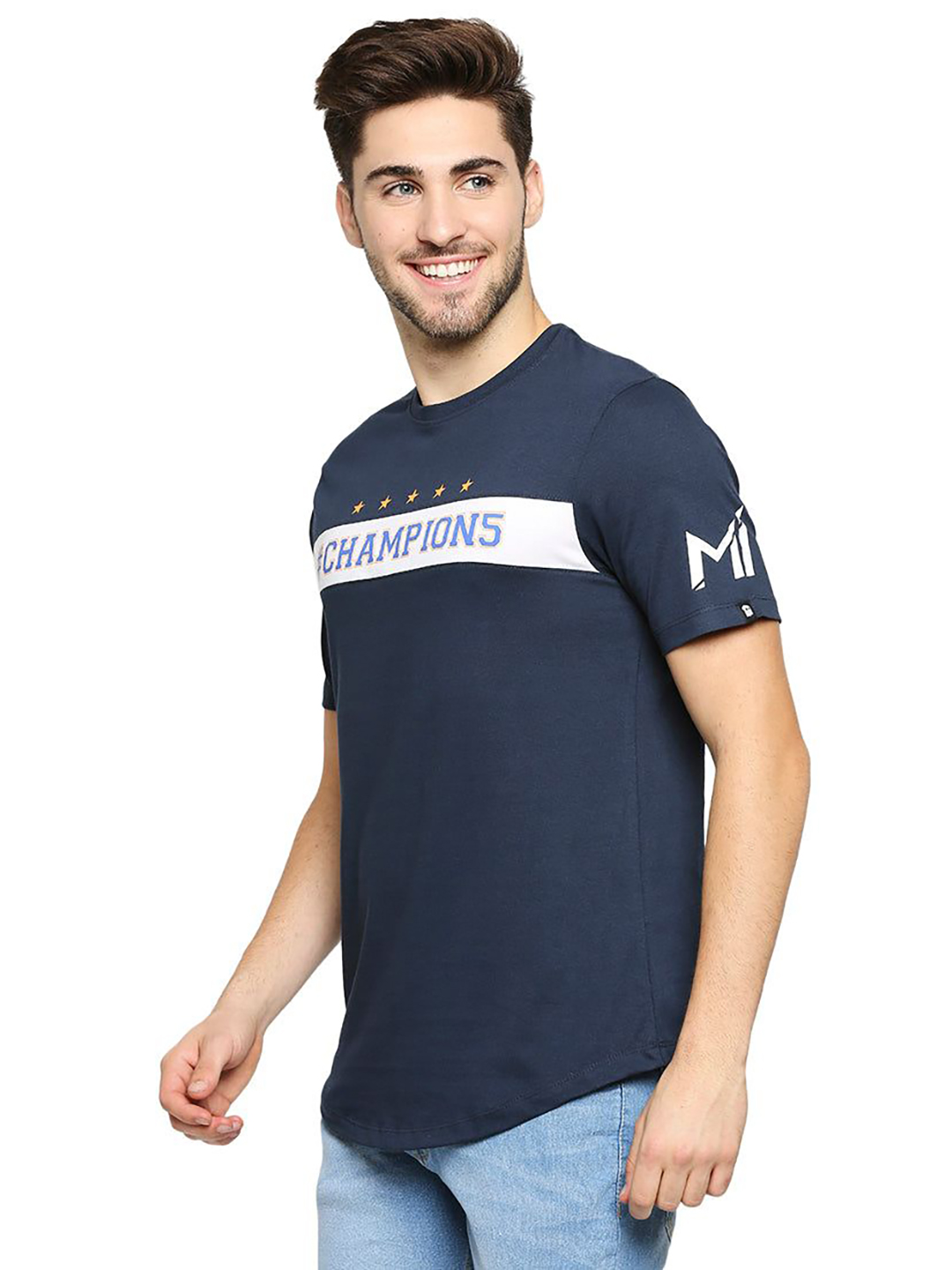 Mumbai Indians Men Navy Blue and White Graphic Printed Hald Sleeves Round Neck Cotton T-Shirt (3)