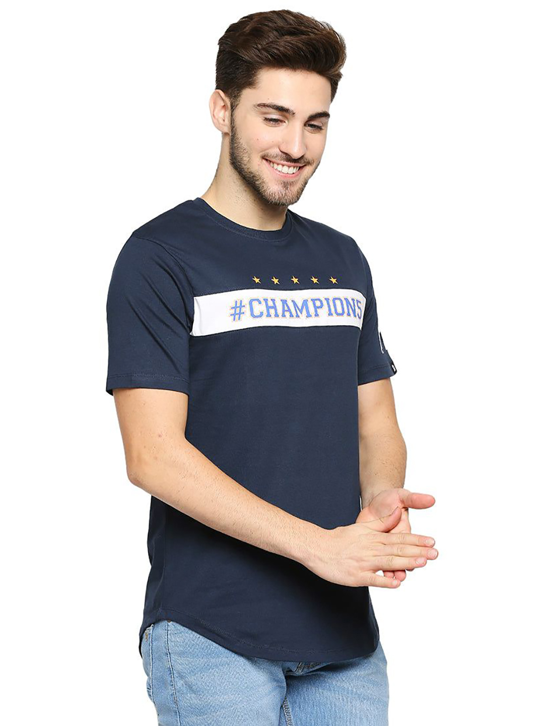 Mumbai Indians Men Navy Blue and White Graphic Printed Hald Sleeves Round Neck Cotton T-Shirt (4)