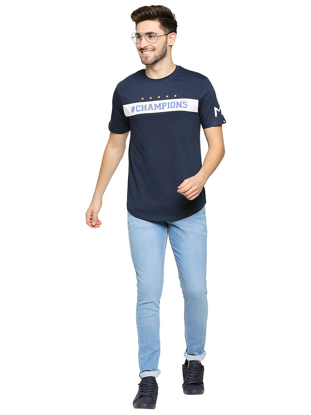 Mumbai Indians Men Navy Blue and White Graphic Printed Hald Sleeves Round Neck Cotton T-Shirt (5)