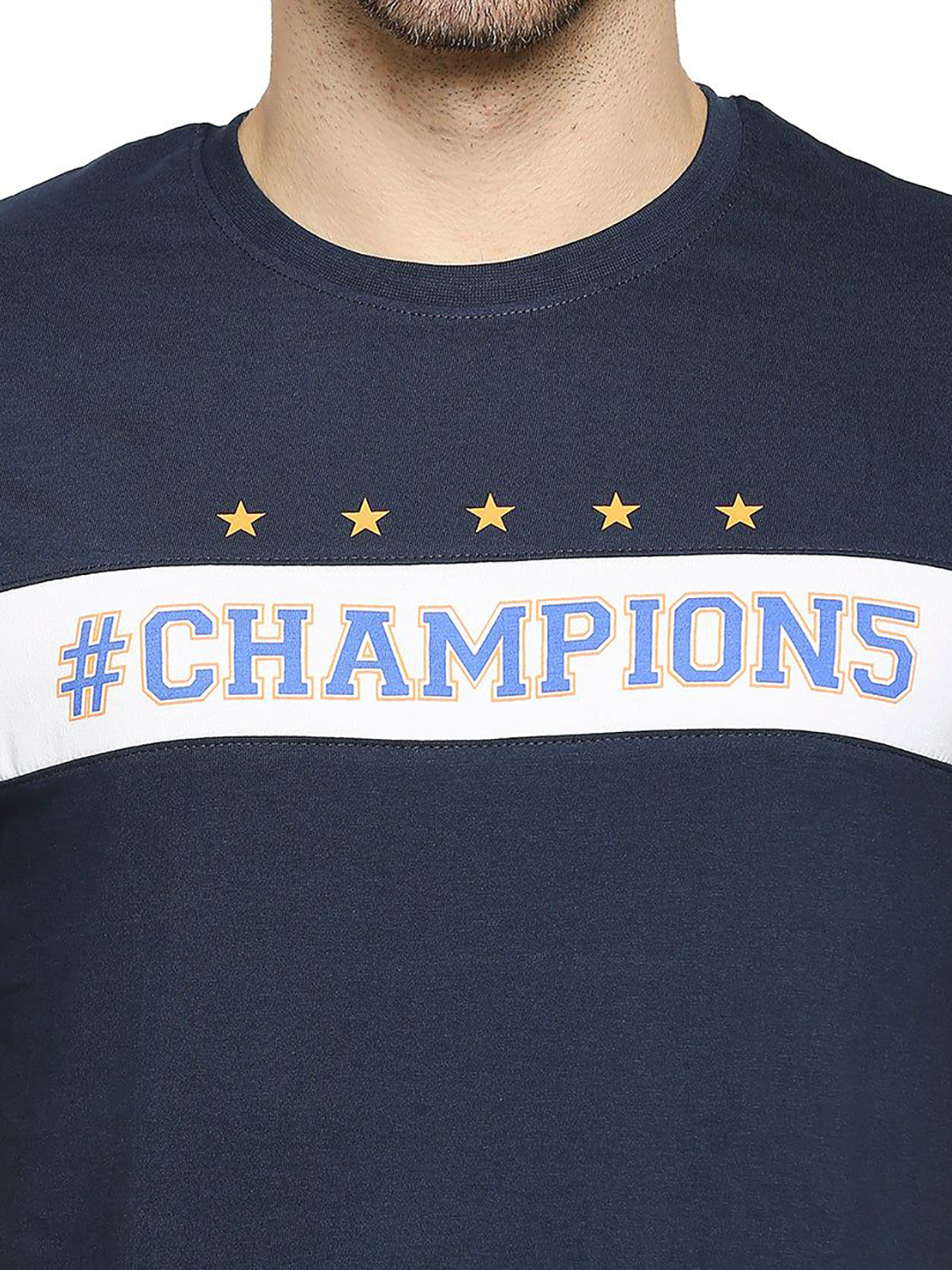 Mumbai Indians Men Navy Blue and White Graphic Printed Hald Sleeves Round Neck Cotton T-Shirt (6)