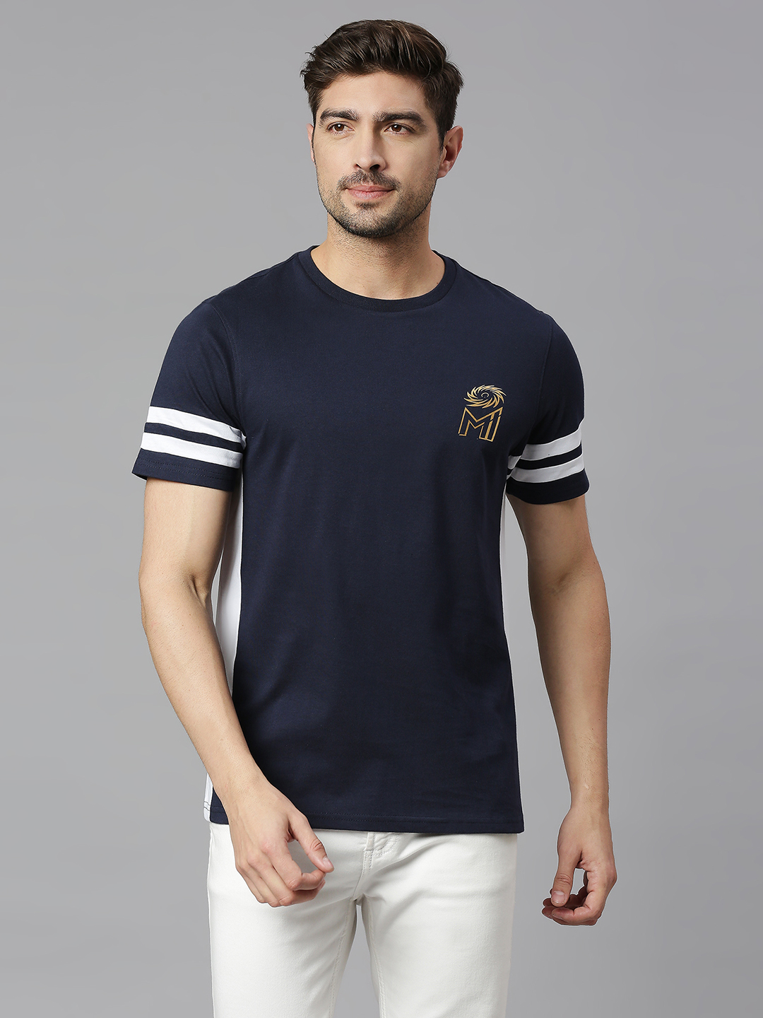 Mumbai Indians Men Navy Blue and White Solid Half Sleeves Round Neck Cotton T-Shirt (1)