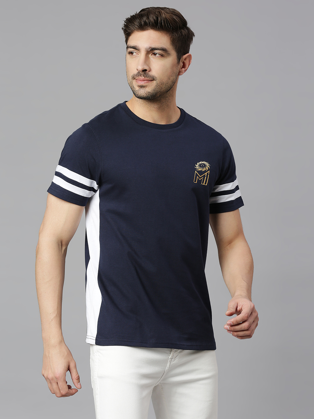 Mumbai Indians Men Navy Blue and White Solid Half Sleeves Round Neck Cotton T-Shirt (3)