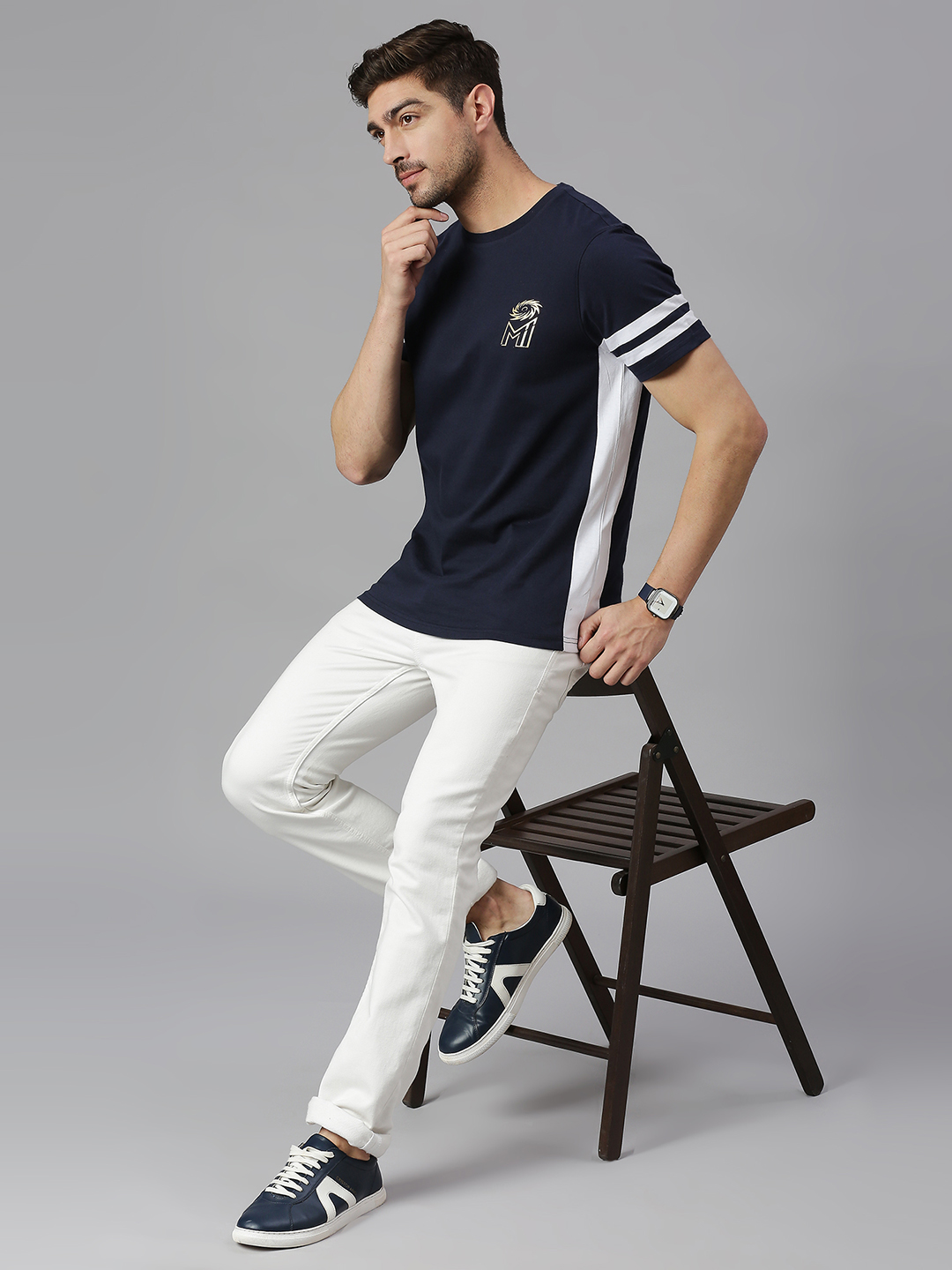Mumbai Indians Men Navy Blue and White Solid Half Sleeves Round Neck Cotton T-Shirt (4)