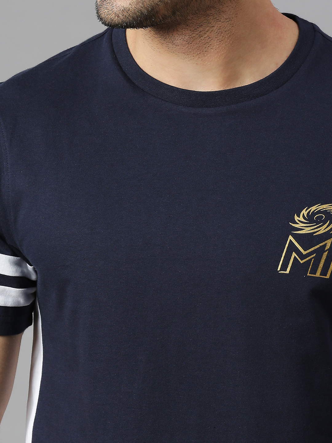 Mumbai Indians Men Navy Blue and White Solid Half Sleeves Round Neck Cotton T-Shirt (5)