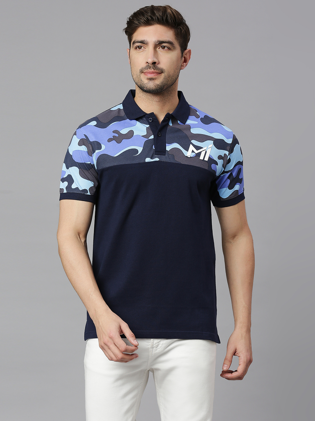 Mumbai Indians Men Navy Blue Camouflage Printed Half Sleeves Polo Collar Cotton T-shirt (1)