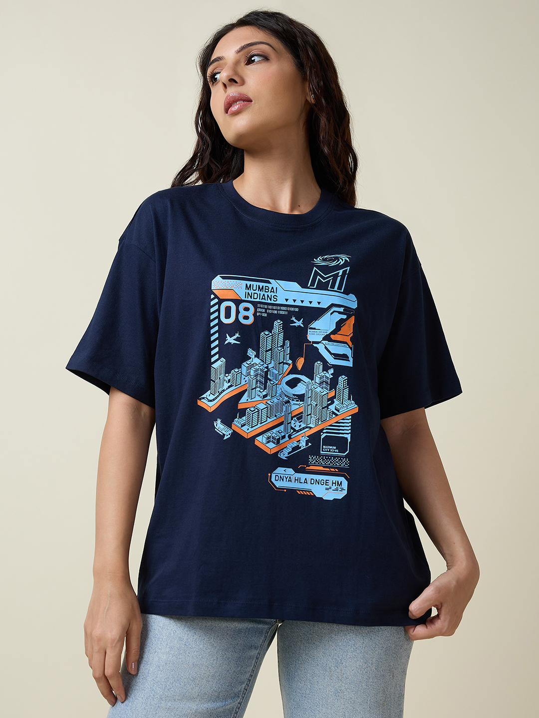 Mumbai Indians Men Navy Blue Duniya Hila Denge Hum Printed Oversized Cotton T-Shirt (3)