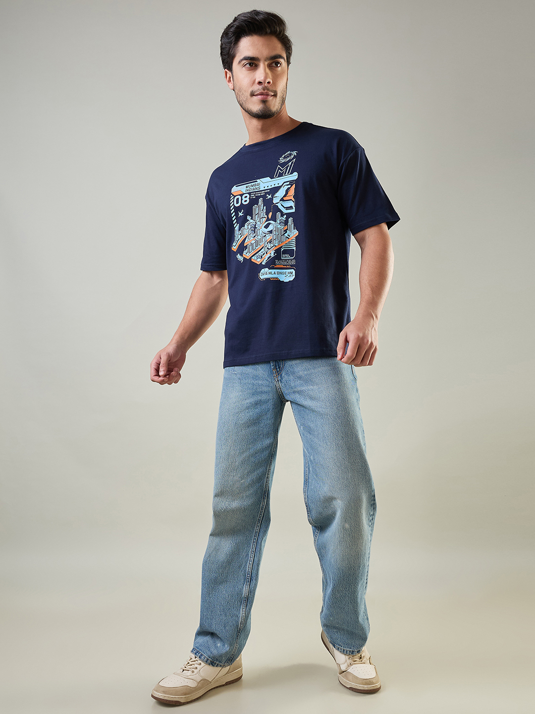 Mumbai Indians Men Navy Blue Duniya Hila Denge Hum Printed Oversized Cotton T-Shirt (7)