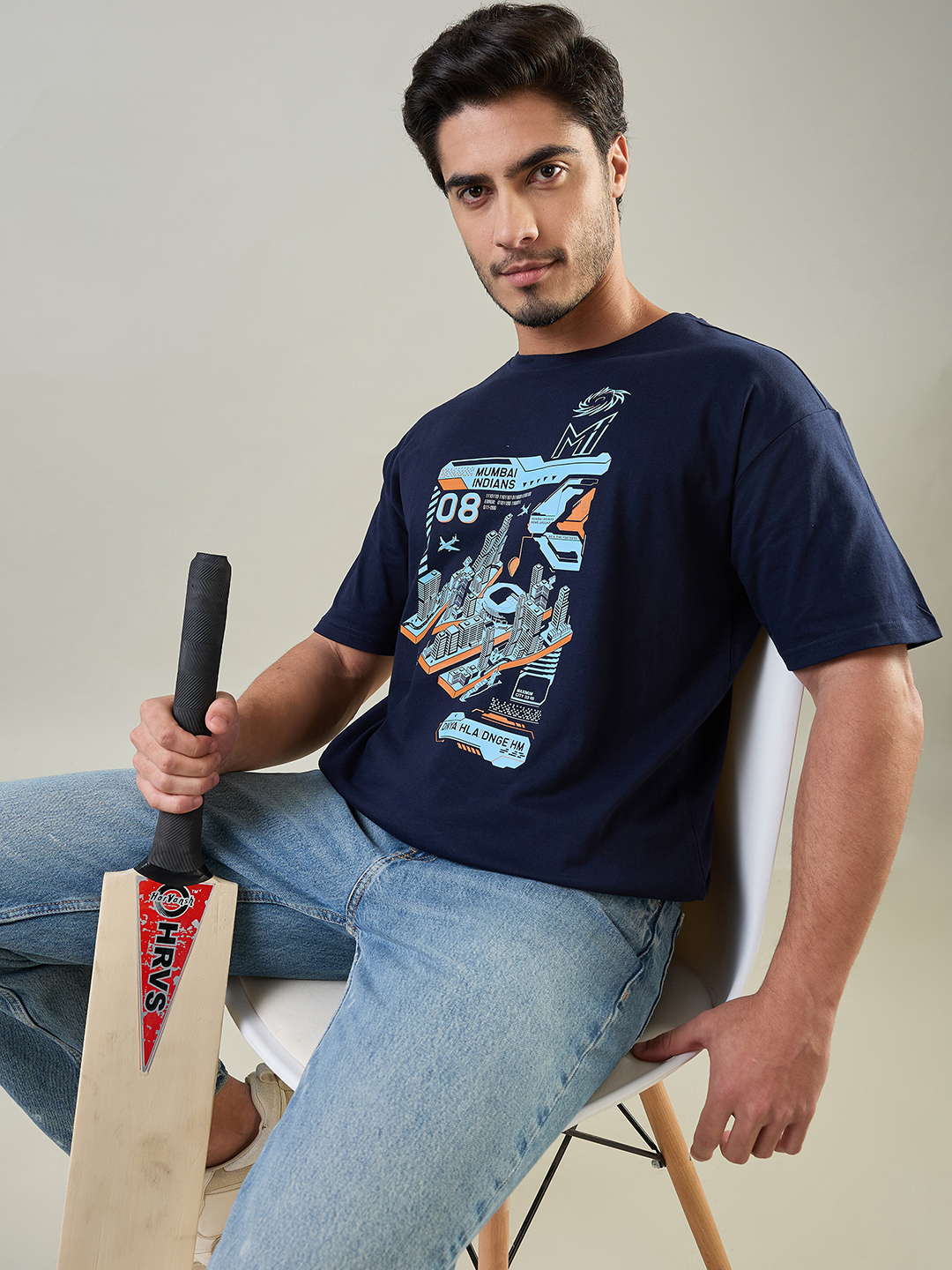 Mumbai Indians Men Navy Blue Duniya Hila Denge Hum Printed Oversized Cotton T-Shirt (2)